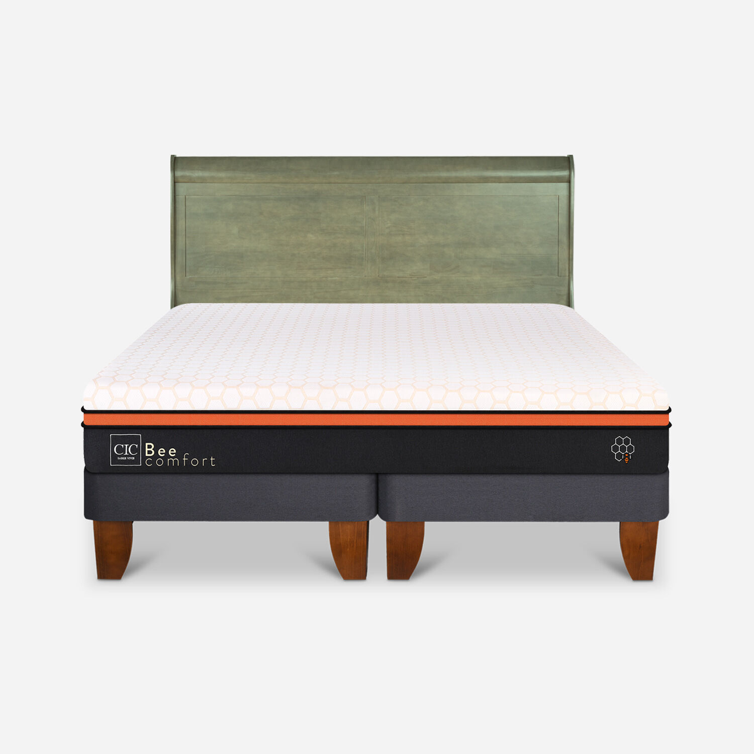 Cama Europea 2 Plazas Bee Comfort Base Dividida + Respaldo Miró Olivo
