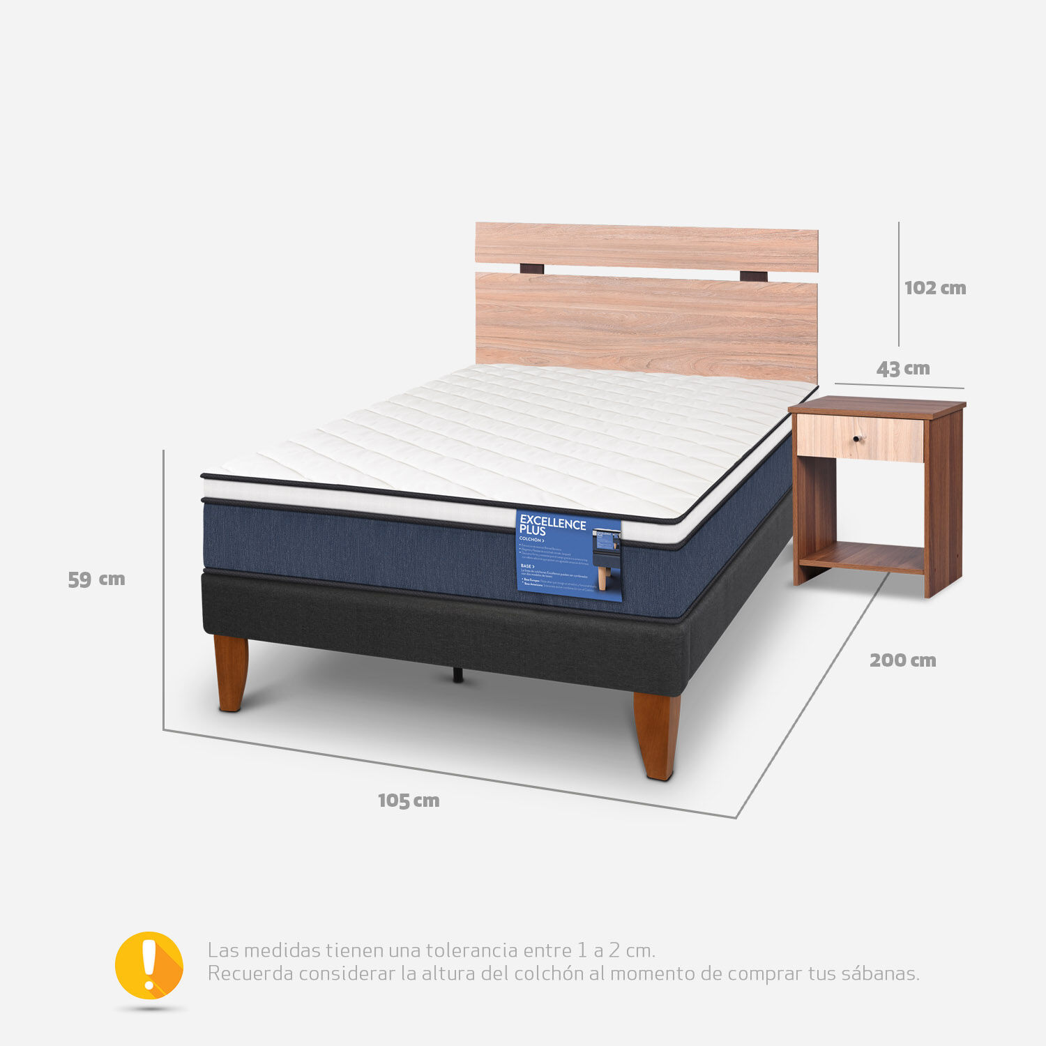 Cama Europea Curve 1,5 Plazas Excellence Plus + Set Olmo
