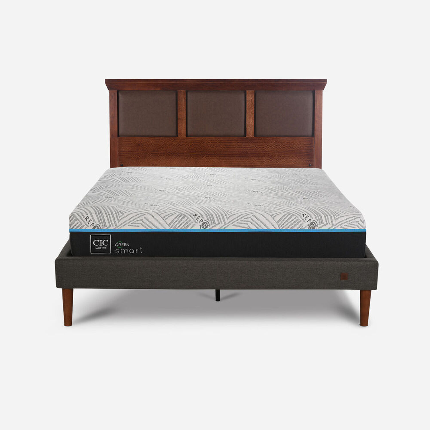 Cama Europea Curve 2 Plazas Infinity Green + Respaldo Torino Caramel