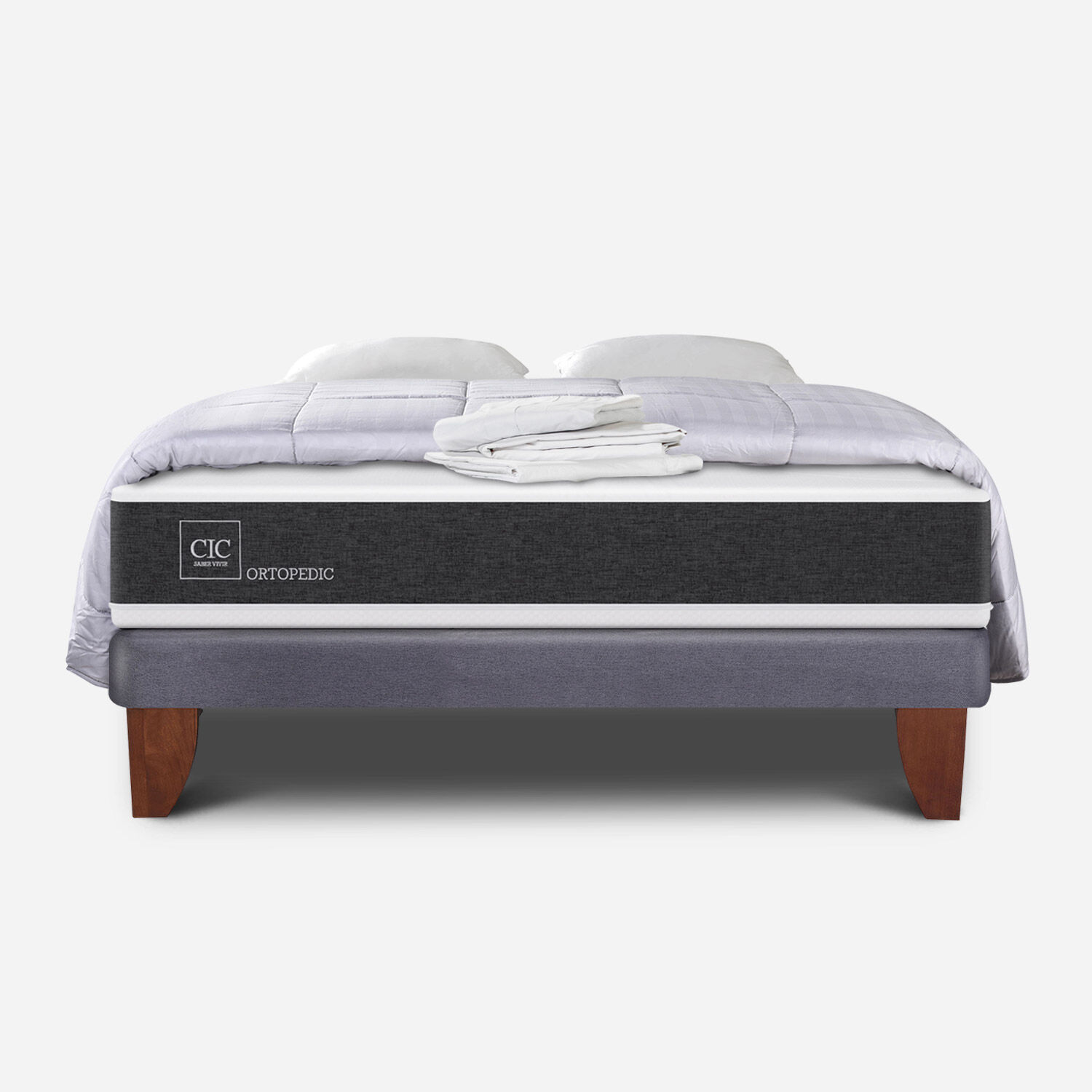 Cama Europea 2 Plazas Ortopedic Base Normal + Almohadas + Plum&oacute;n