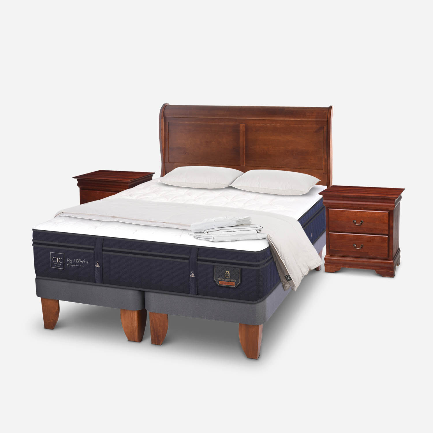 Cama Europea 2 Plazas Super Premium Base Dividida + Almohadas + Plumón + Set Miró Caramel