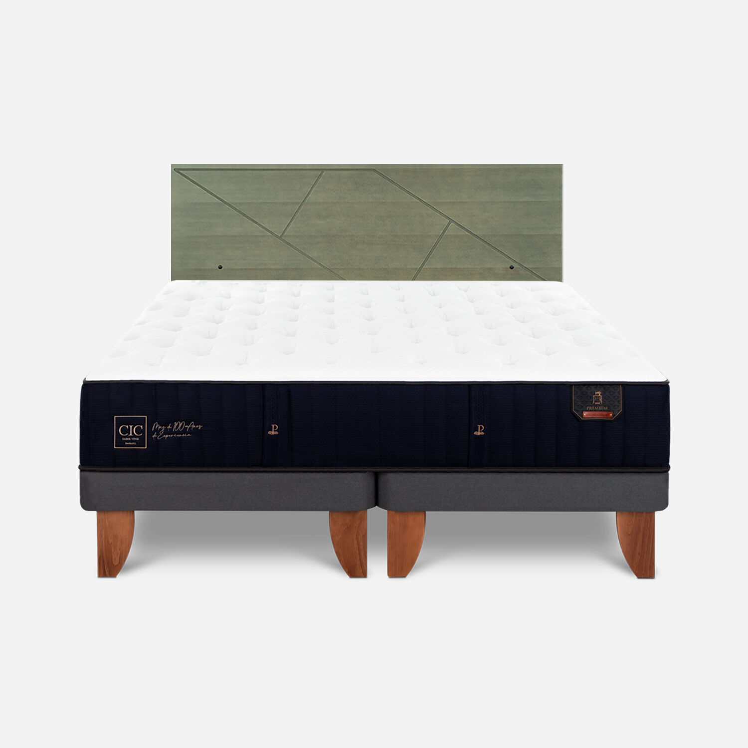 Cama Europea 2 Plazas Premium Base Dividida + Respaldo Villarrica Olivo