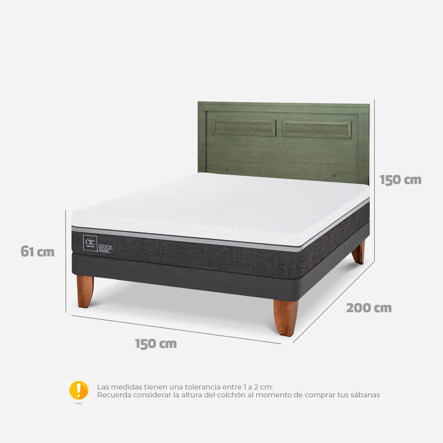 Cama Europea 2 Plazas Ortopedic Advance Base Normal + Respaldo Milán Olivo