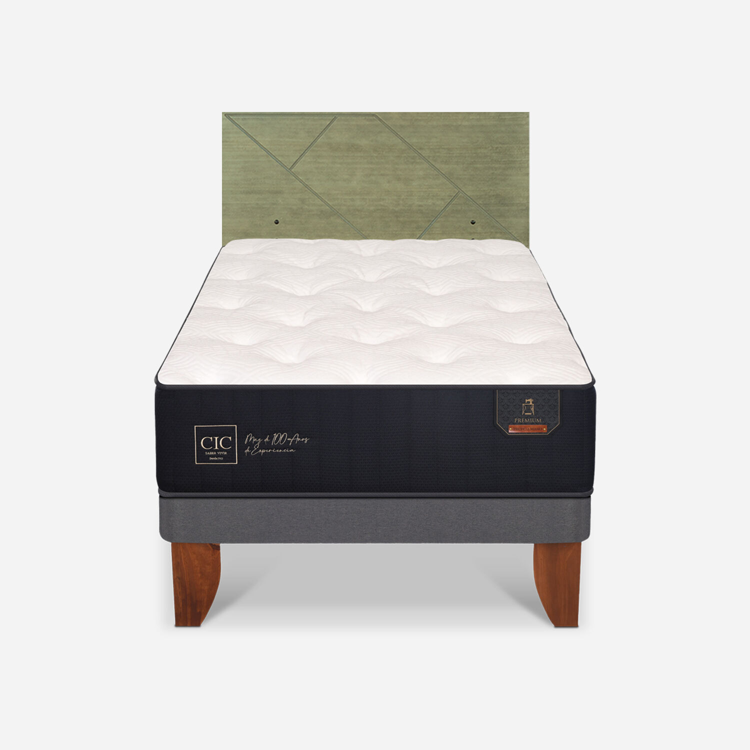 Cama Europea 1,5 Plazas Premium + Respaldo Villarrica Olivo