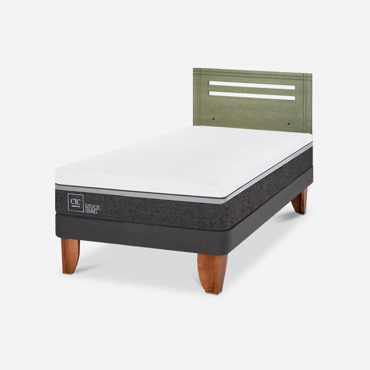 Cama Europea 1,5 Plazas Ortopedic Advance + Respaldo M&uacute;nich Olivo