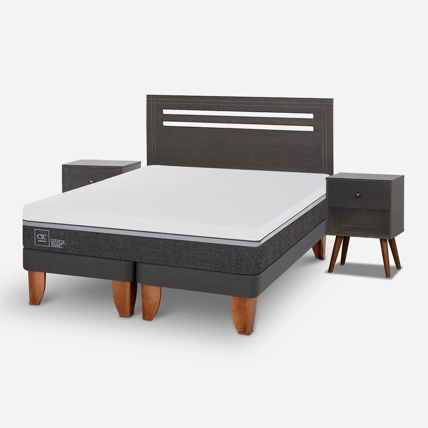 Cama Europea 2 Plazas Ortopedic Advance Base Dividida + Set Múnich Gris