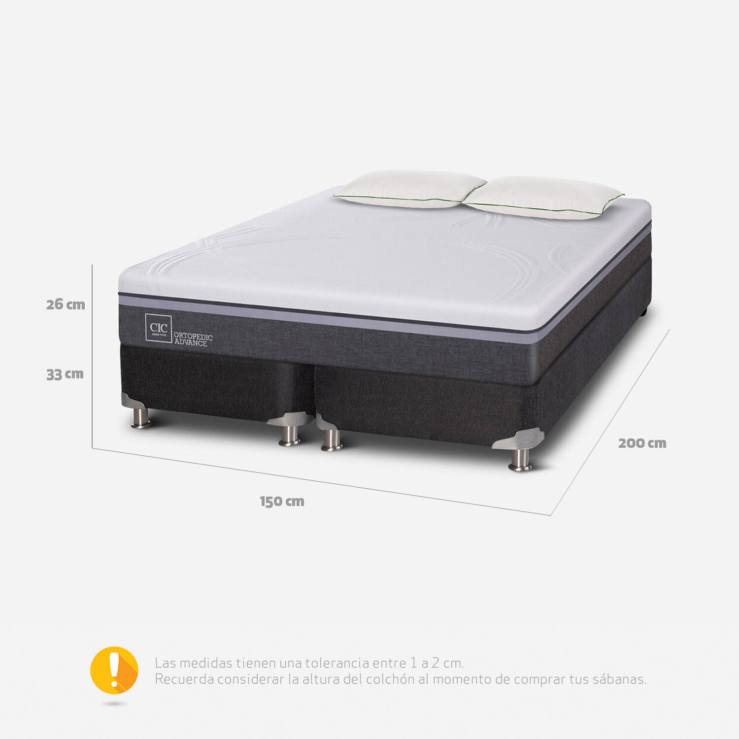 Box Spring 2 Plazas Ortopedic Advance Base Dividida 5 Zonas + Almohadas Down Alternative