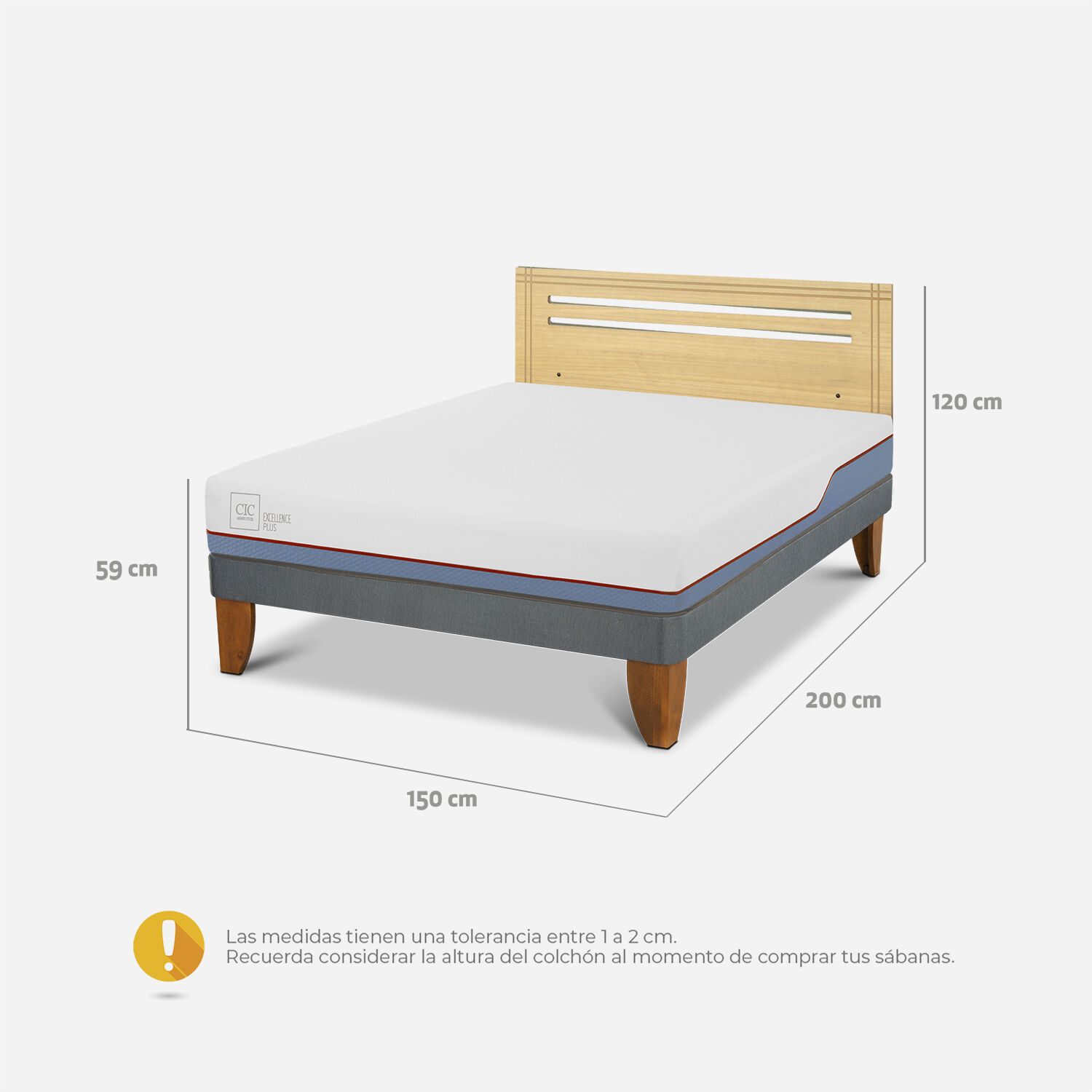 Cama Europea 2 Plazas Excellence Plus Base Normal + Respaldo Múnich Mostaza