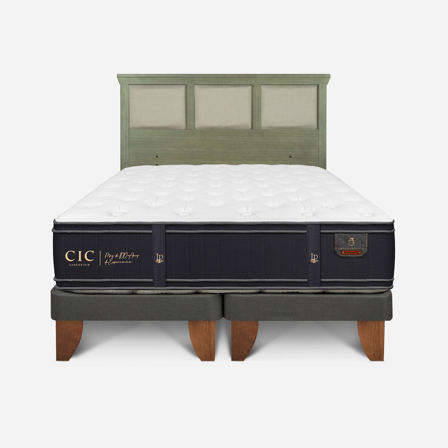 Cama Europea King Grand Premium + Respaldo Torino Olivo
