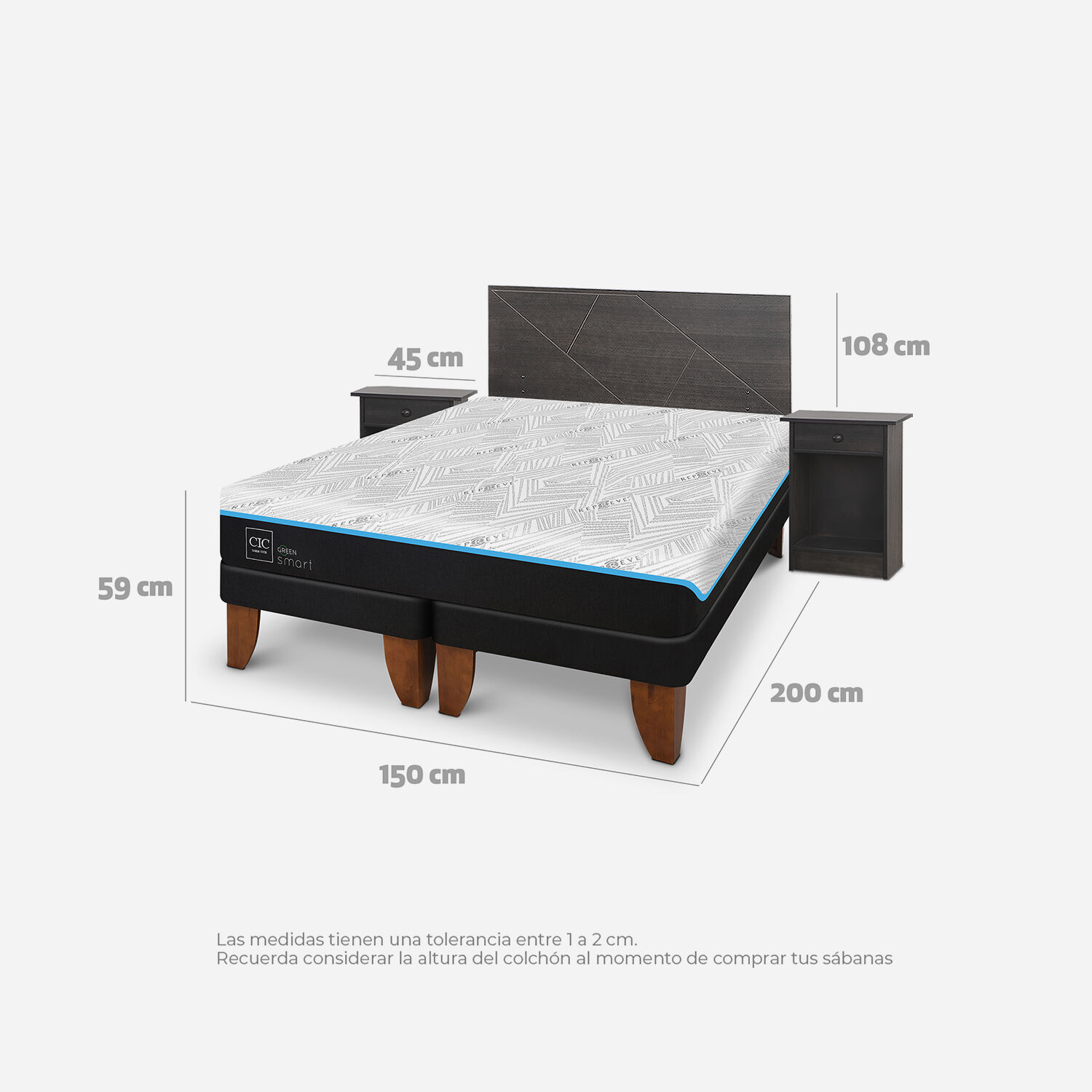 Cama Europea 2 Plazas Green Infinity Set Villarrica Gris