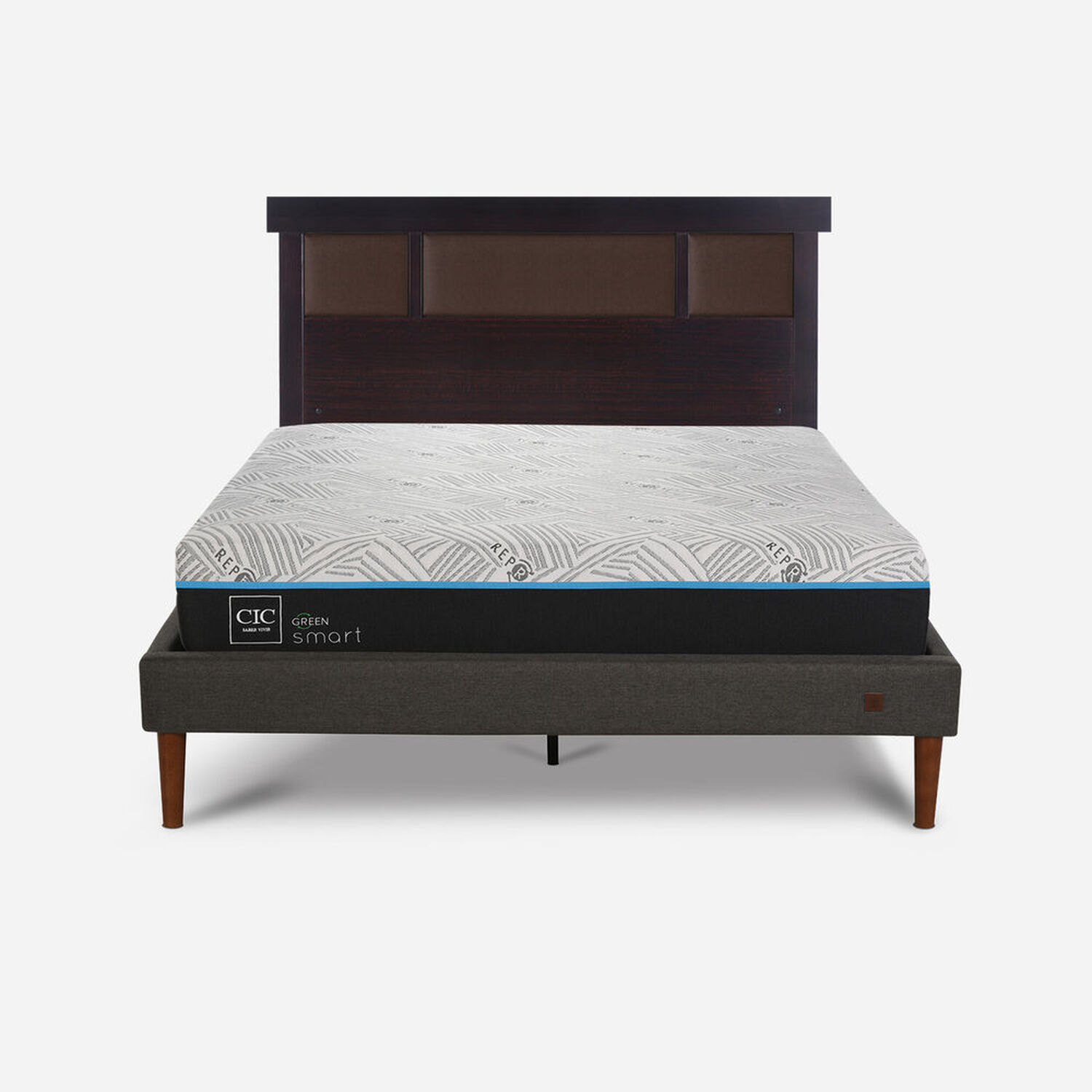 Cama Europea Curve 2 Plazas Smart Green + Respaldo Dublín Choc