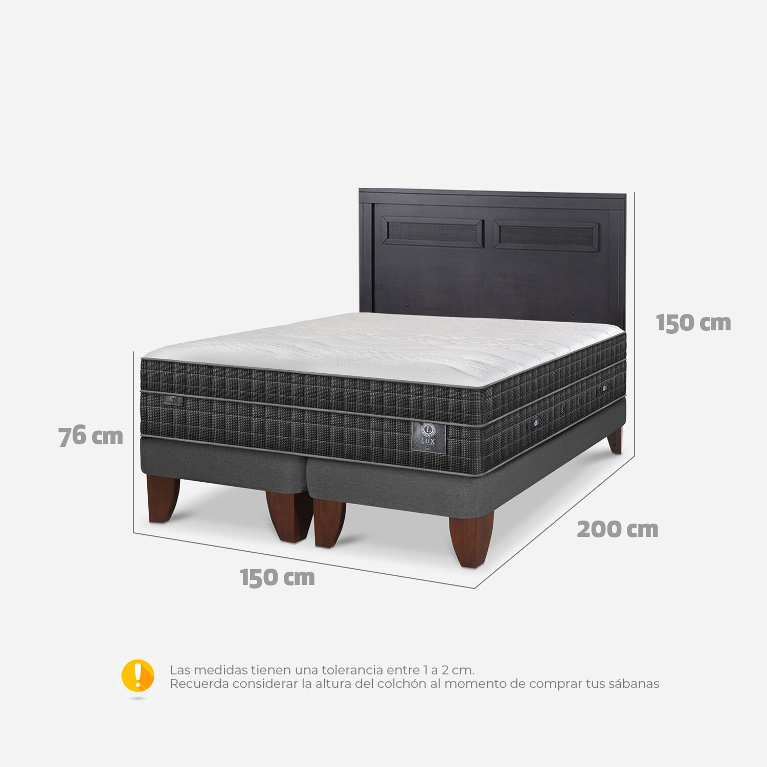 Cama Europea 2 Plazas Lux Base Dividida + Respaldo Mil&aacute;n Negro
