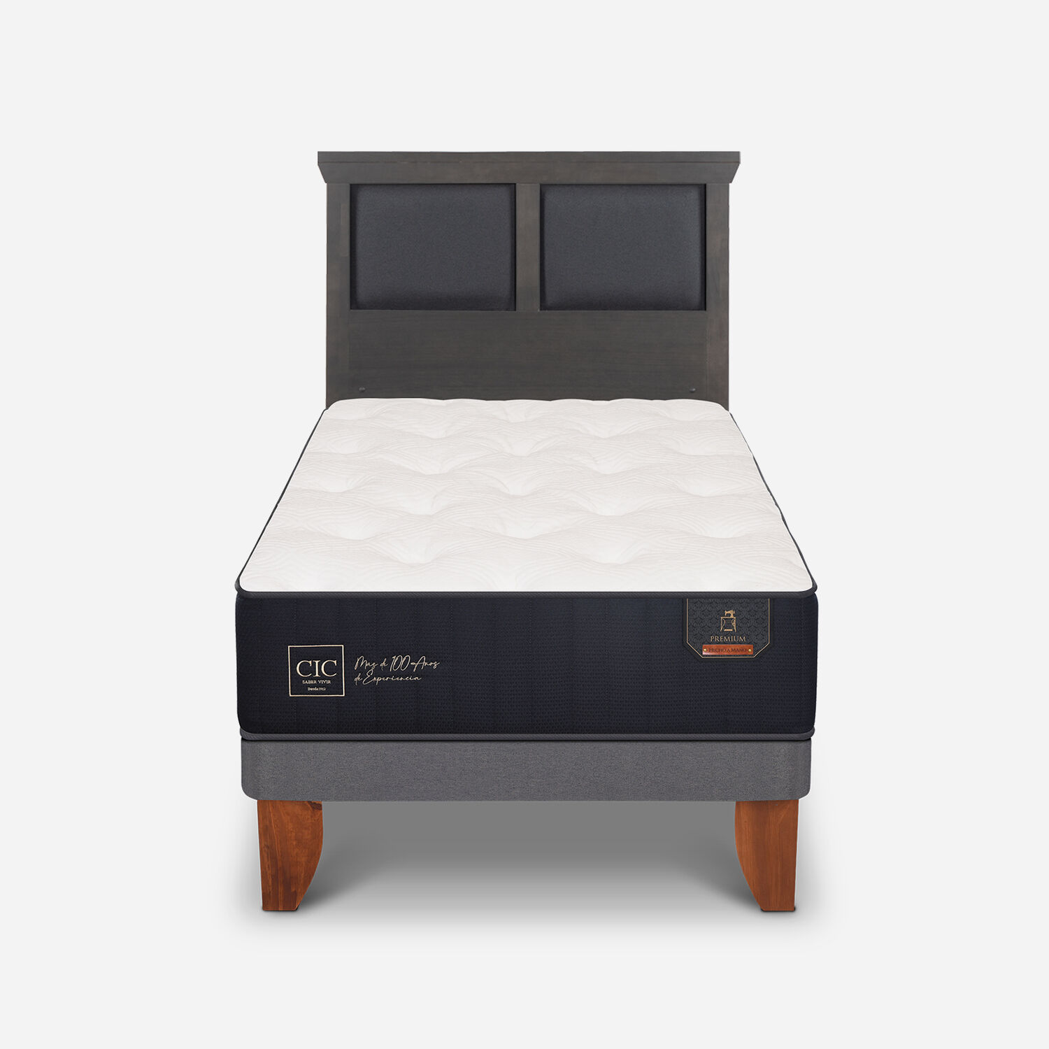 Cama Europea 1,5 Plazas Premium + Respaldo Torino Gris