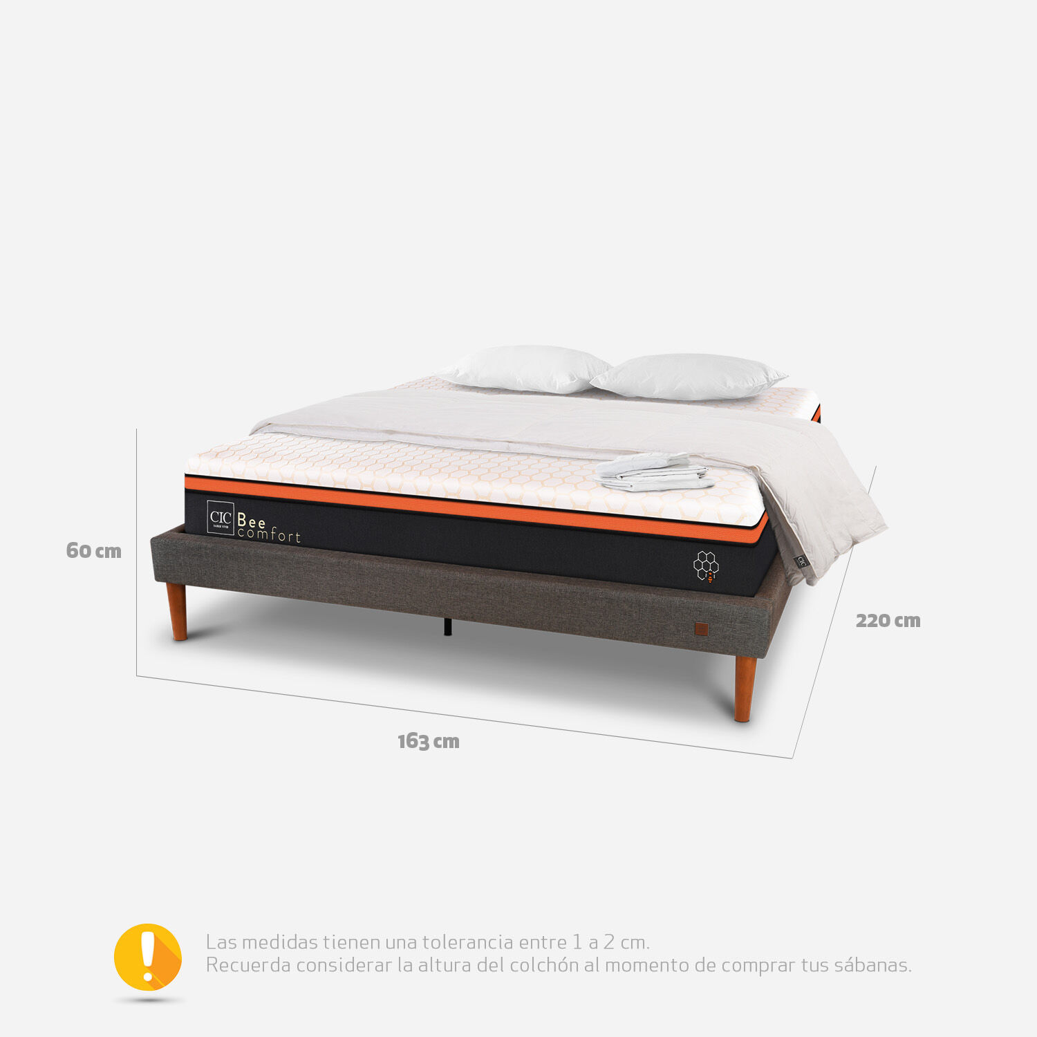 Cama Europea Curve 2 Plazas Bee Comfort + Almohadas Viscoel&aacute;stica + Plum&oacute;n + Sabanas