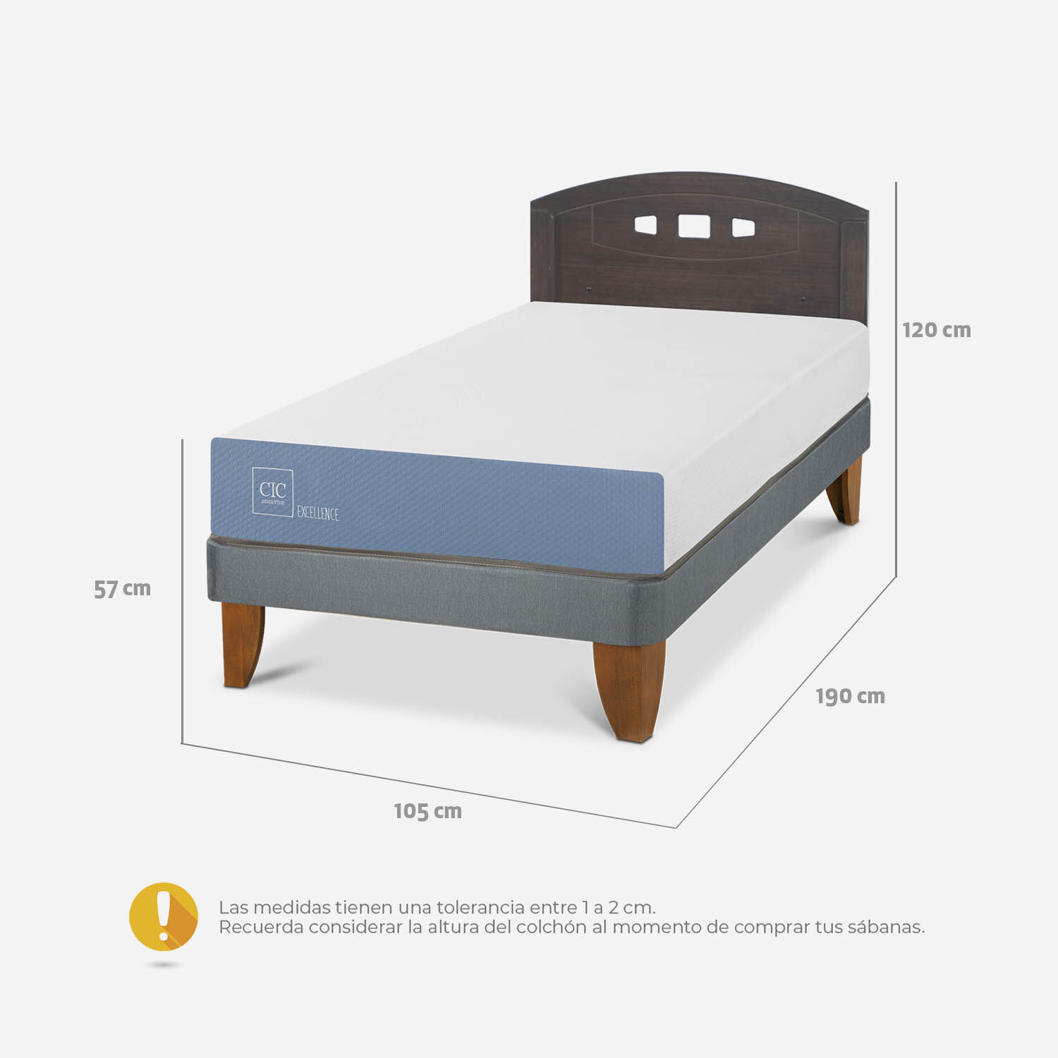 Cama Europea 1,5 Plazas Excellence + Respaldo Gales Gris
