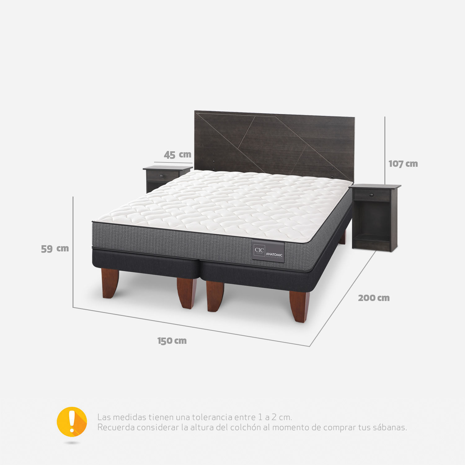 Cama Europea 2 Plazas Anatomic Base Dividida + Set Villarrica Gris
