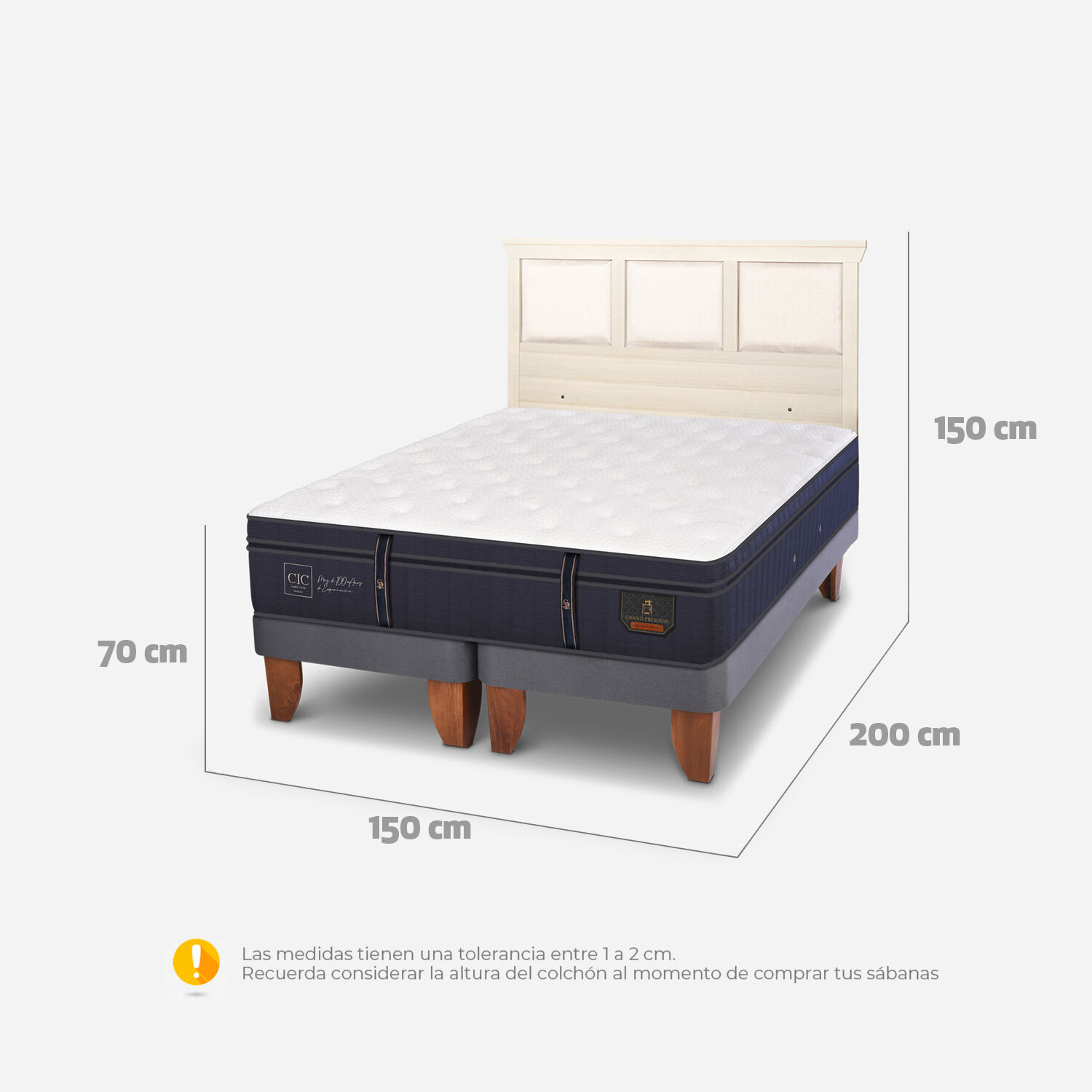 Cama Europea 2 Plazas Grand Premium Base Dividida + Respaldo Torino Alpino