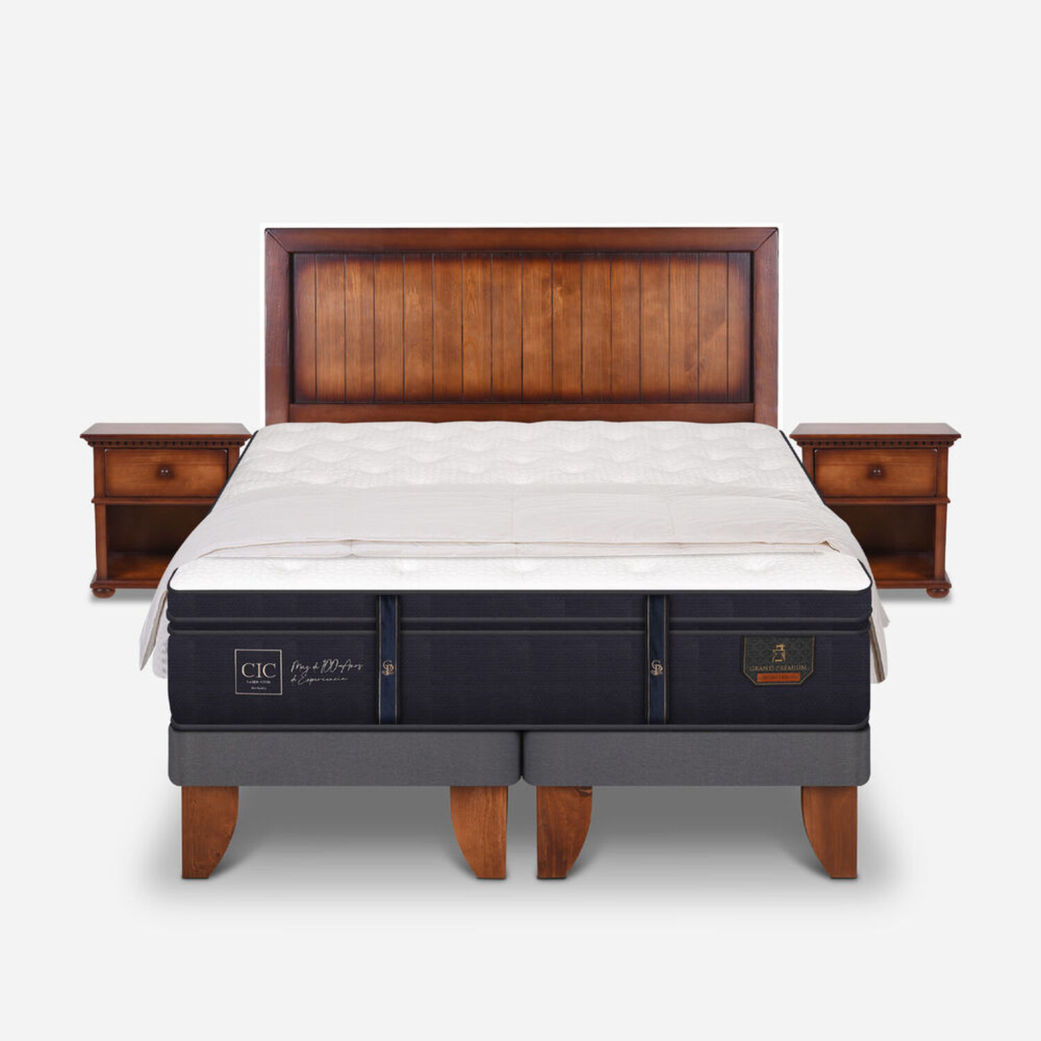 Cama Europea 2 Plazas Base Dividida Grand Premium + Set Monterrey + Plumón 15% Pluma de Ganso