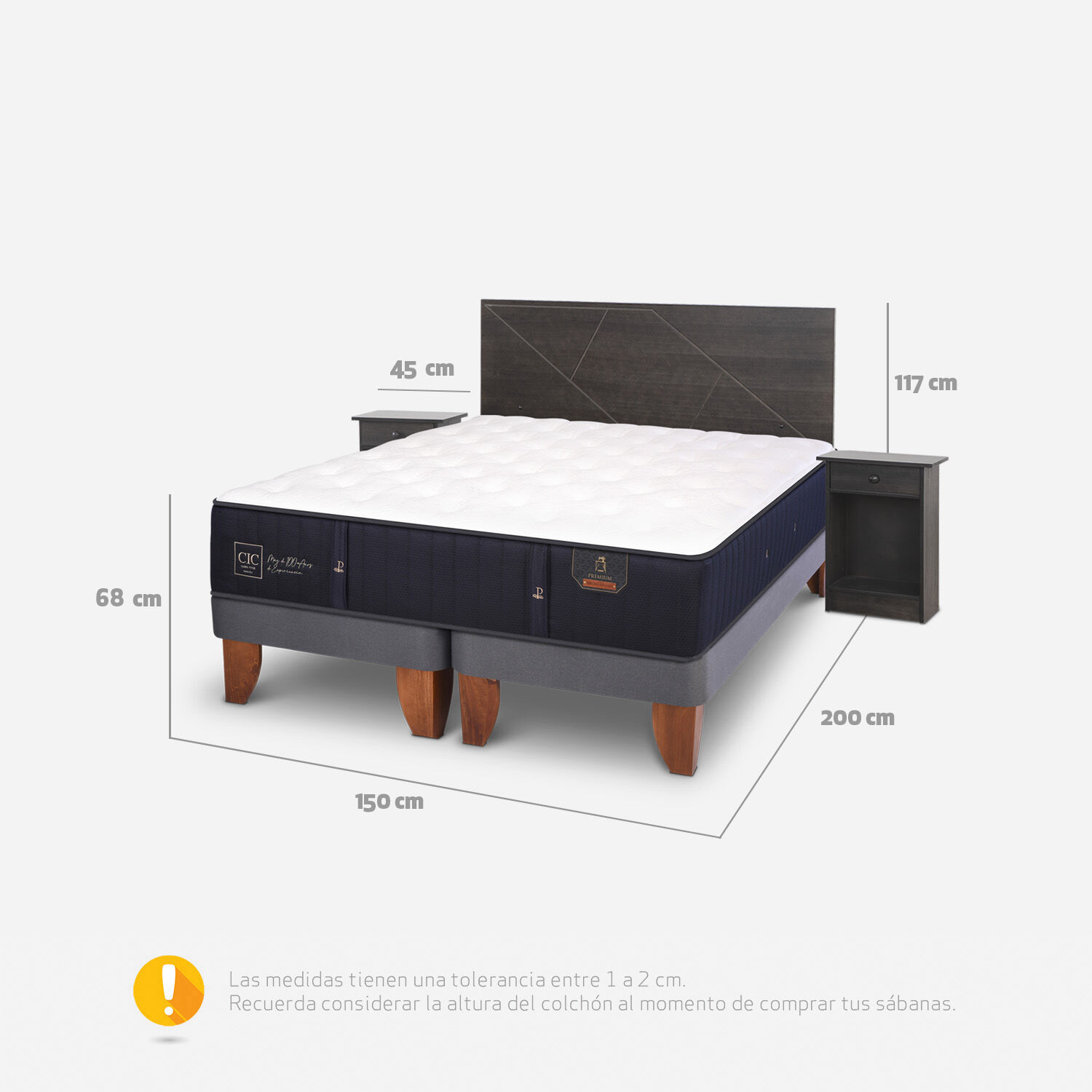 Cama Europea 2 Plazas Premium Base Dividida + Set Villarrica Gris