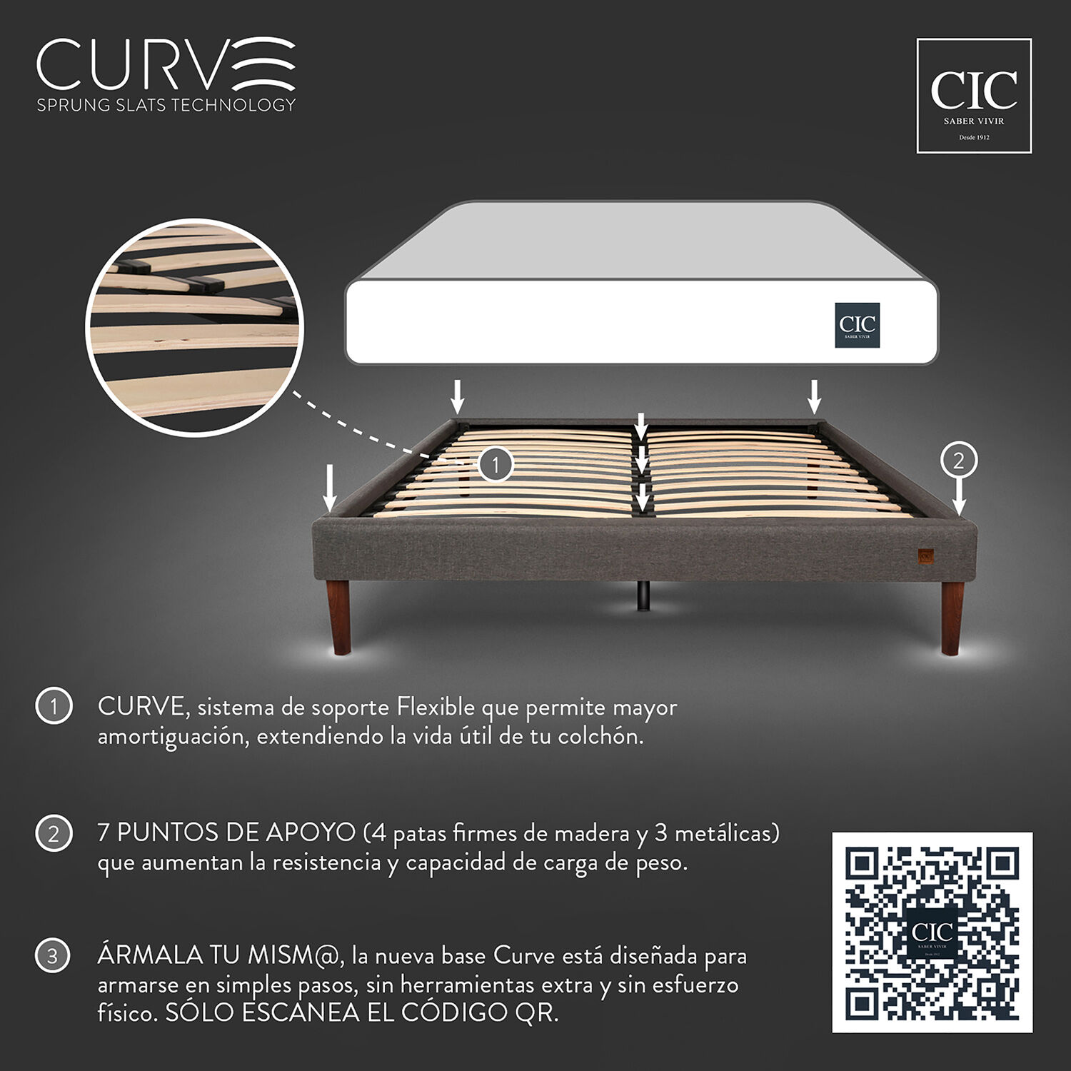 Cama Europea Curve 2 Plazas Rilassati Smart + Almohadas Viscoelásticas