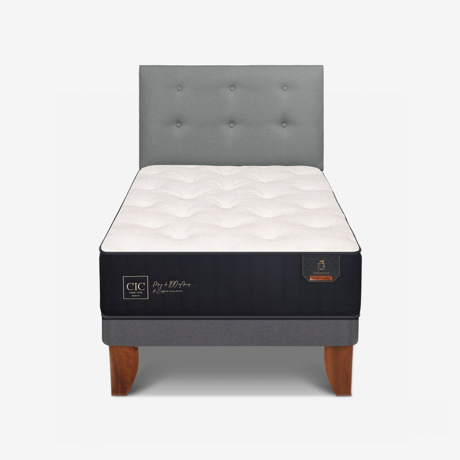 Cama Europea 1.5 Plazas Premium 105x200 + Respaldo Tapizado Gris