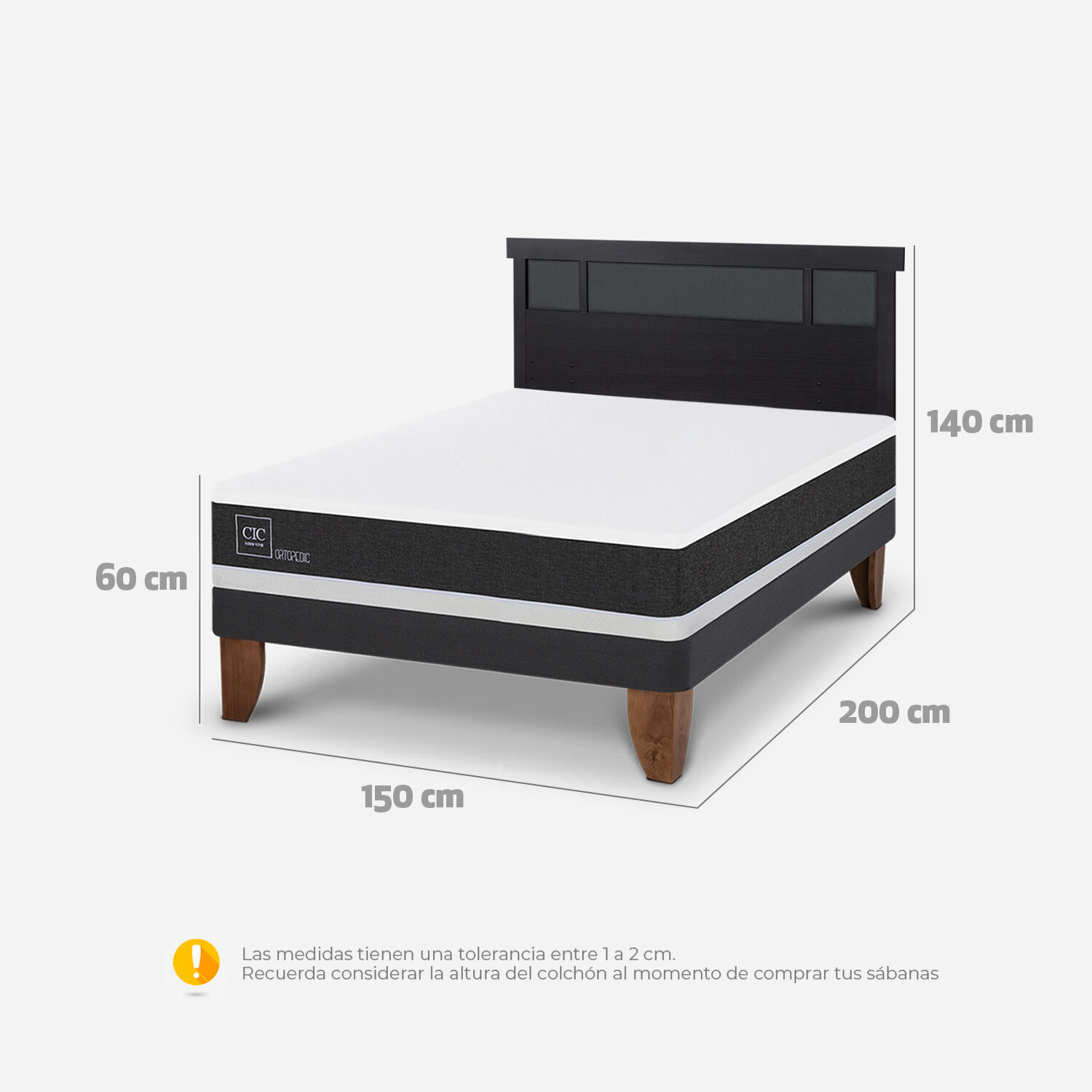 Cama Europea 2 Plazas Ortopedic Base Normal + Respaldo Dubl&iacute;n Negro