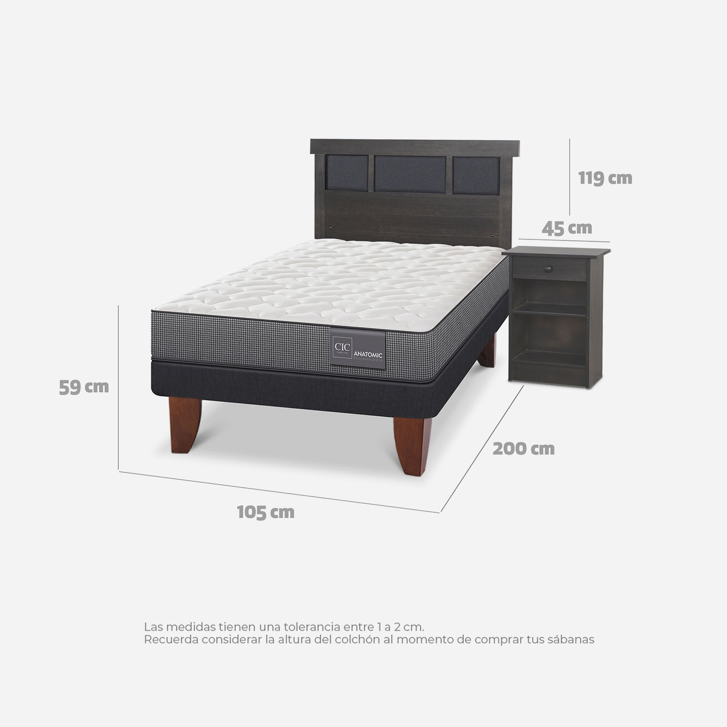 Cama Europea 1,5 Plazas Anatomic + Set Dubl&iacute;n Gris