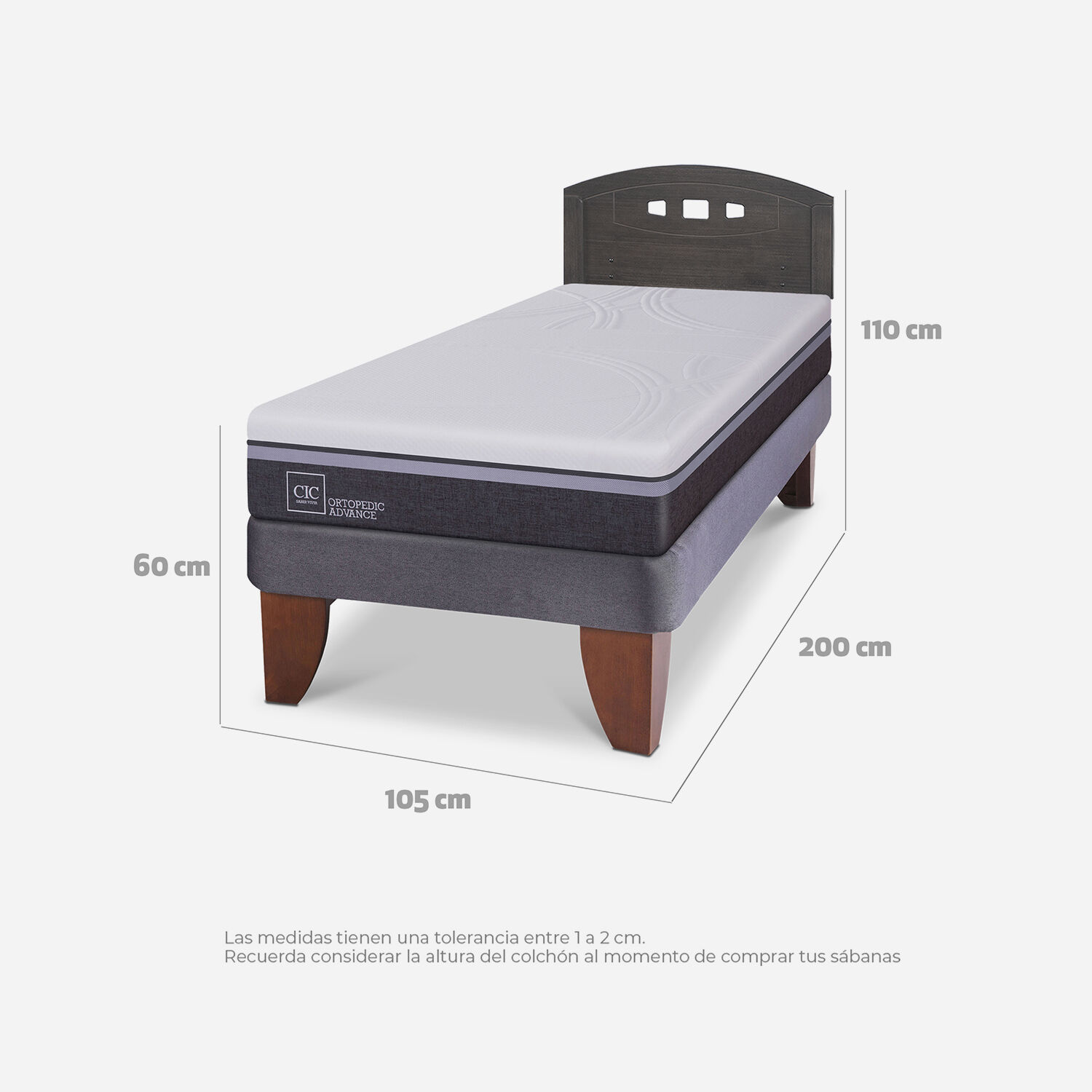 Cama Europea 1,5 Plazas Ortopedic Advance + Respaldo Gales Gris