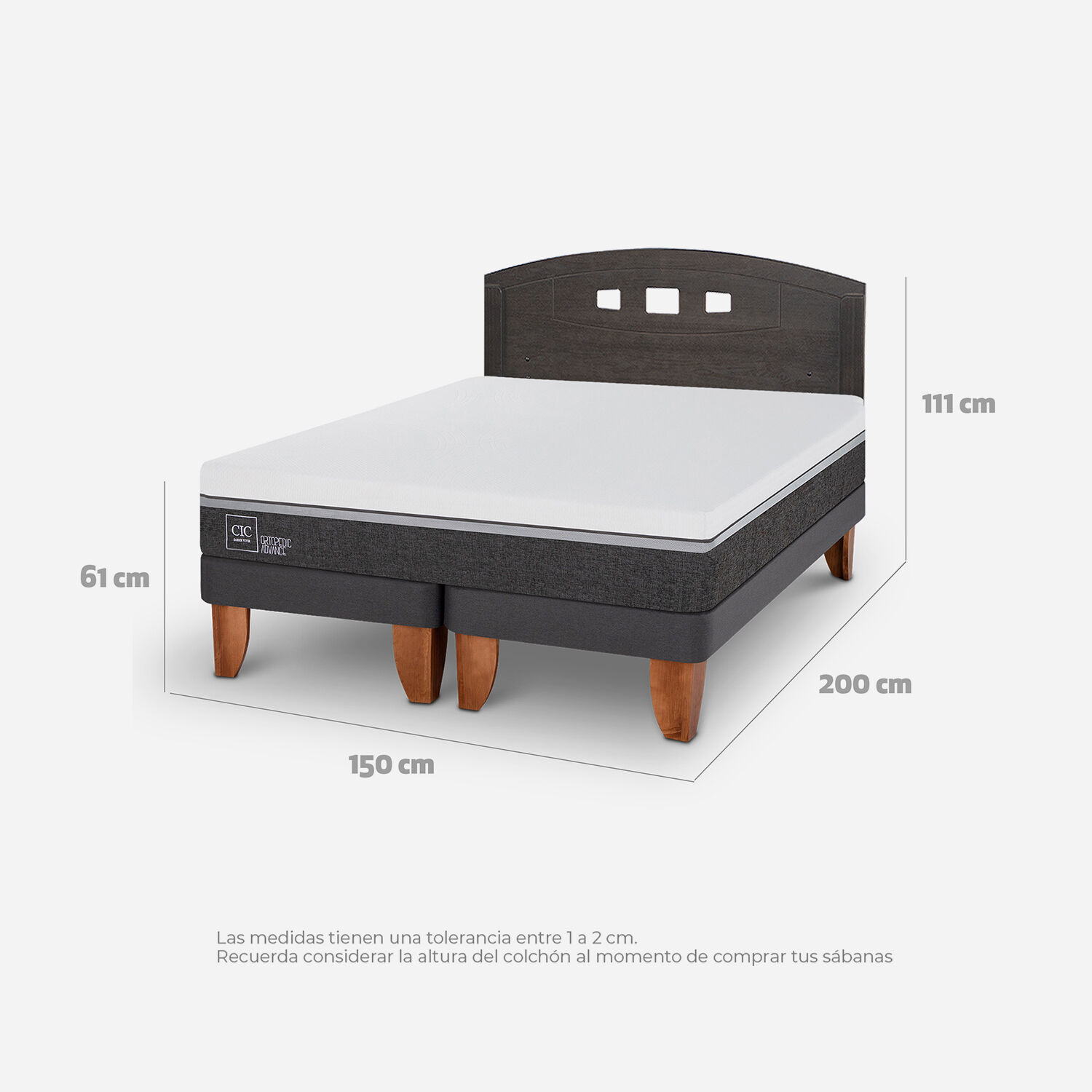 Cama Europea 2 Plazas Ortopedic Advance Base Dividida + Respaldo Gales Gris