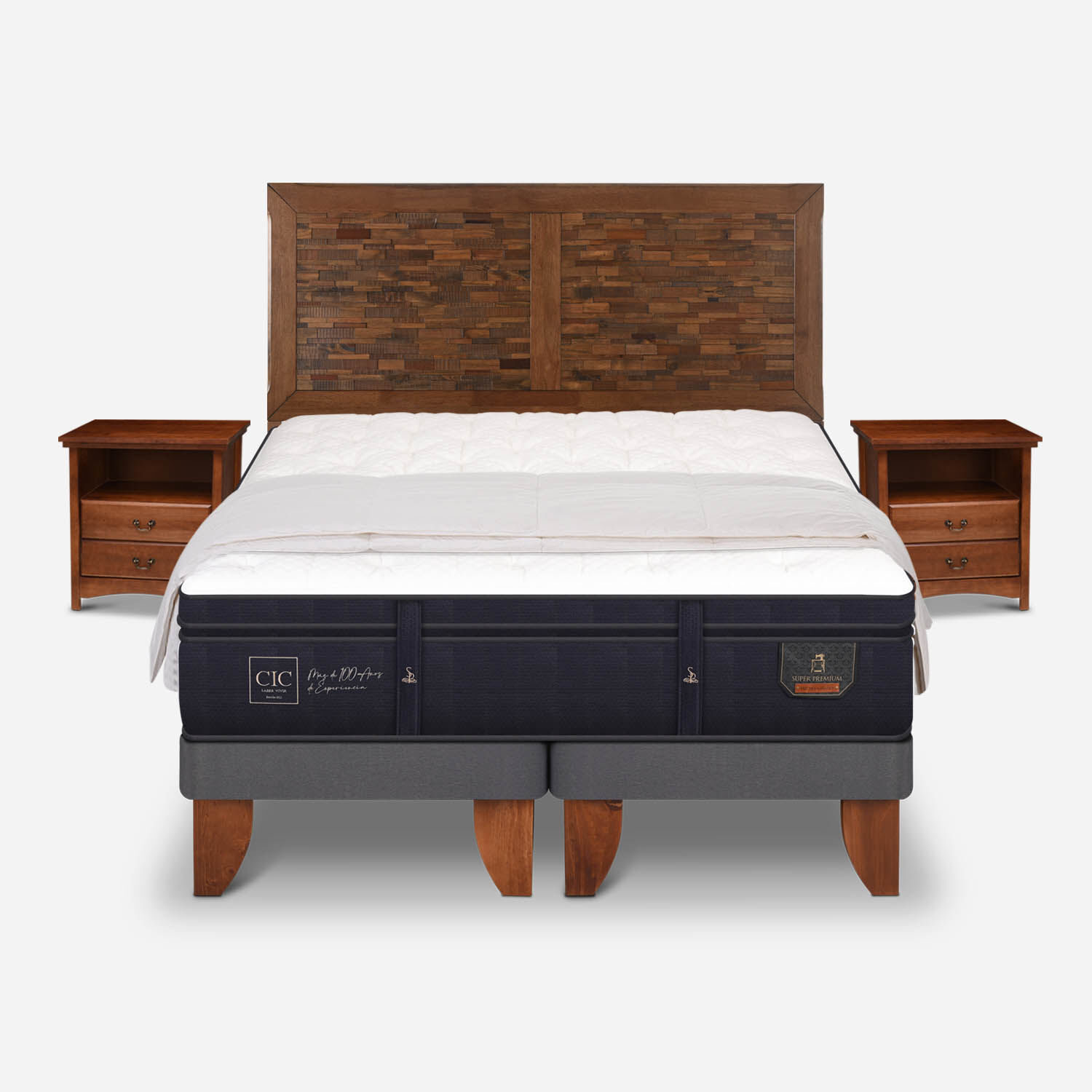 Cama Europea 2 Plazas Base Dividida Super Premium + Set Antique + Plumón 15% Pluma de Ganso