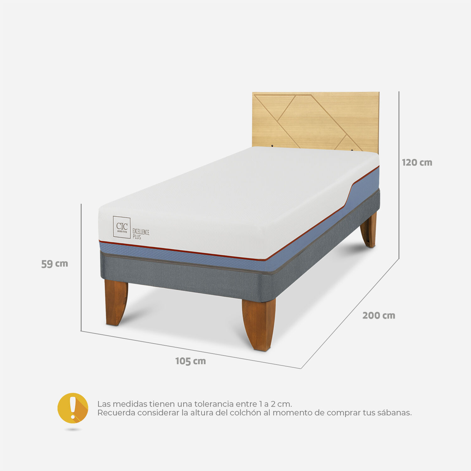Cama Europea 1,5 Plazas Excellence Plus + Respaldo Villarrica Mostaza