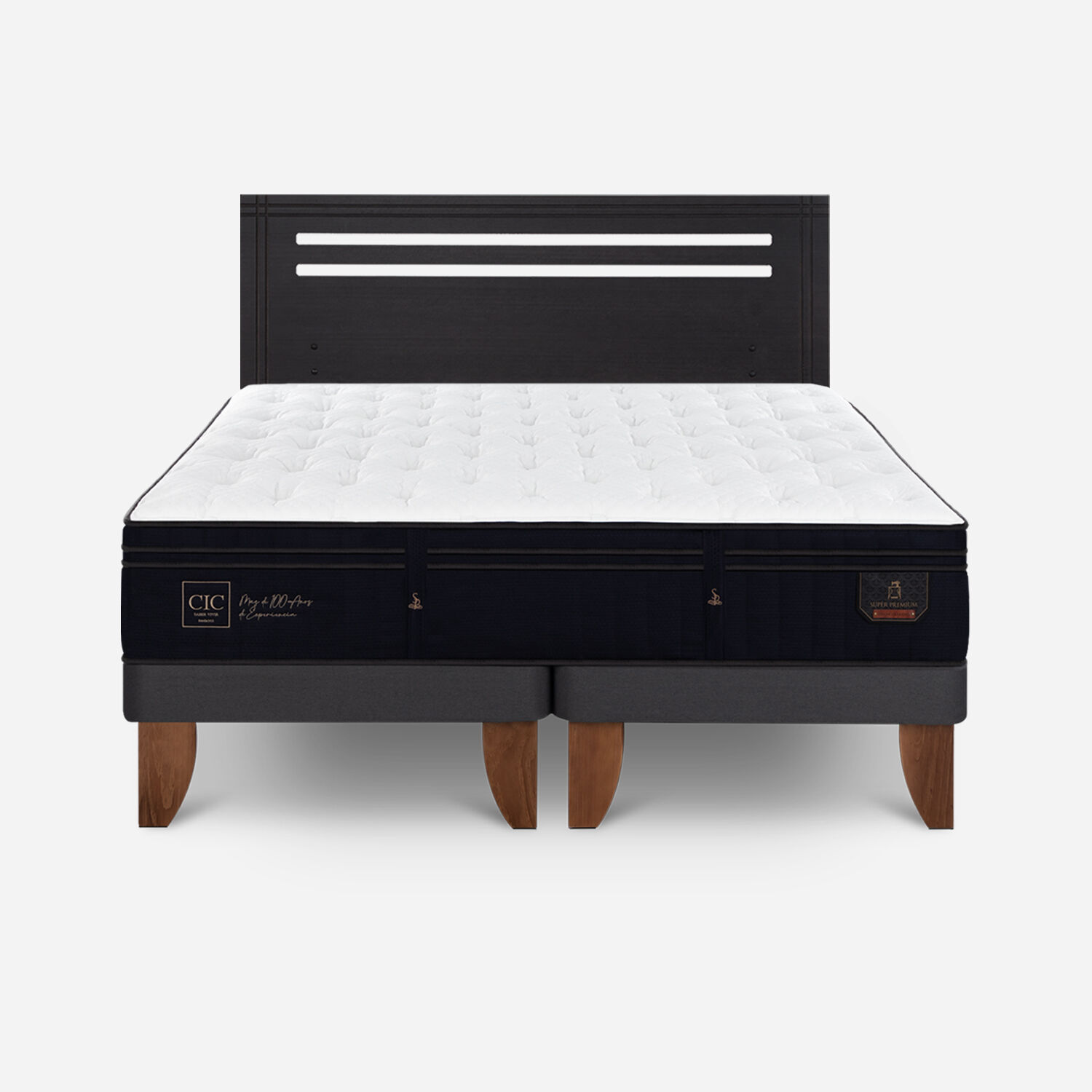 Cama Europea 2 Plazas Super Premium Base Dividida + Respaldo Múnich Negro