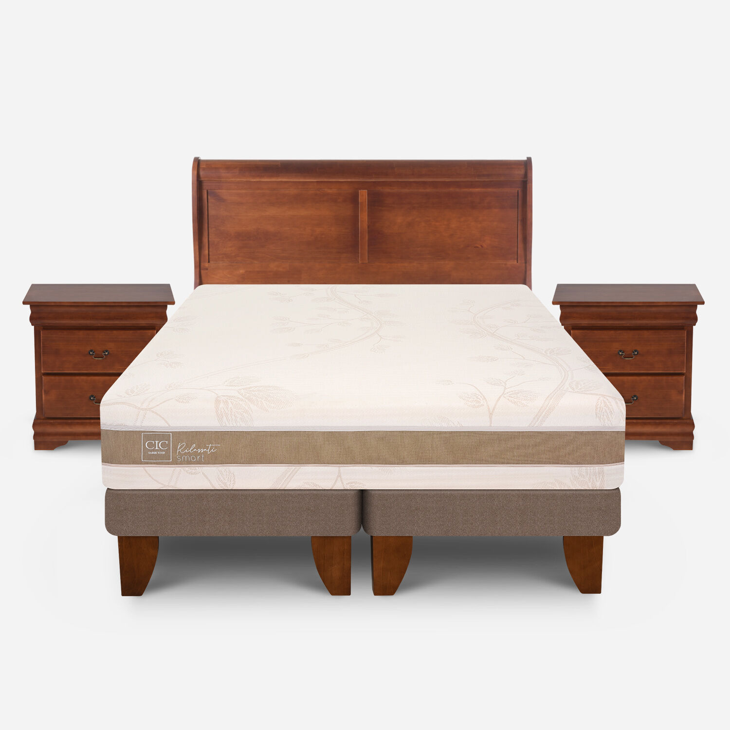 Cama Europea 2 Plazas Rilassati Infinity Base Dividida + Set Mir&oacute; Caramel