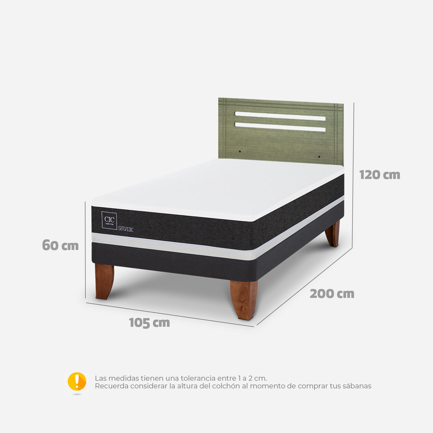 Cama Europea 1,5 Plazas Ortopedic + Respaldo Múnich Olivo