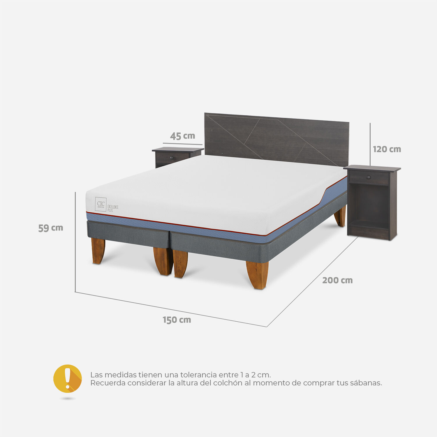 Cama Europea 2 Plazas Excellence Plus Base Dividida + Set Villarrica Gris