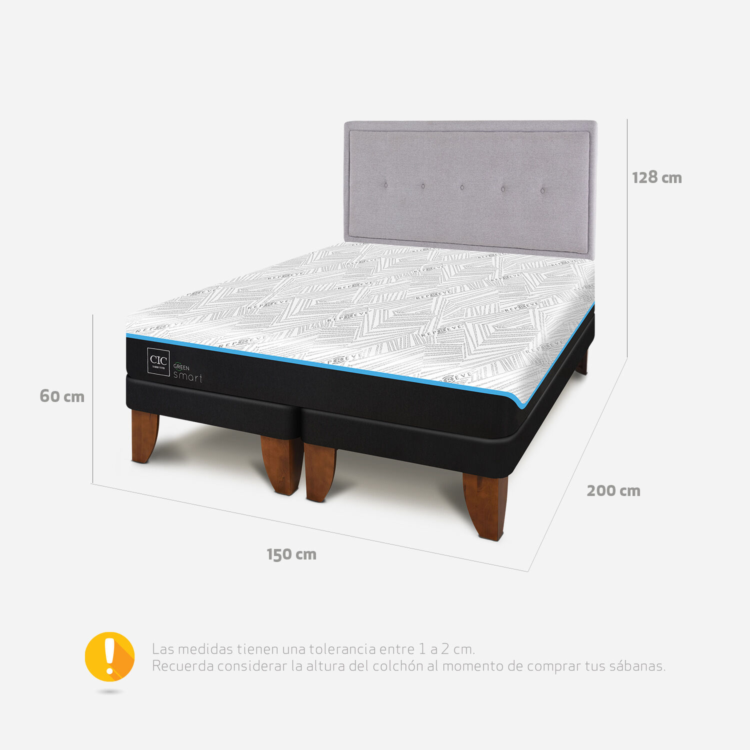 Cama Europea 2 Plazas Infinity Green Base Dividida + Respaldo Ganges