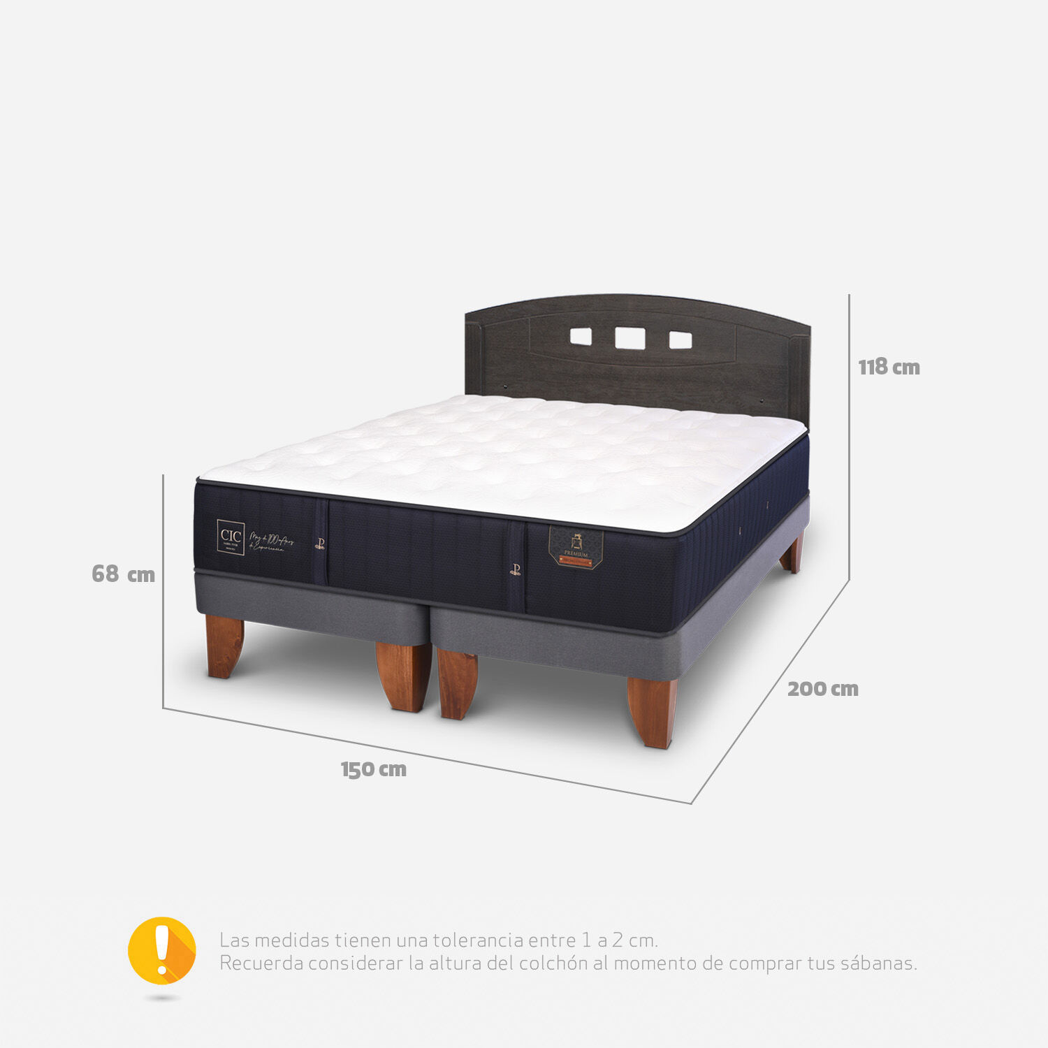 Cama Europea 2 Plazas Premium Base Dividida + Respaldo Gales Gris