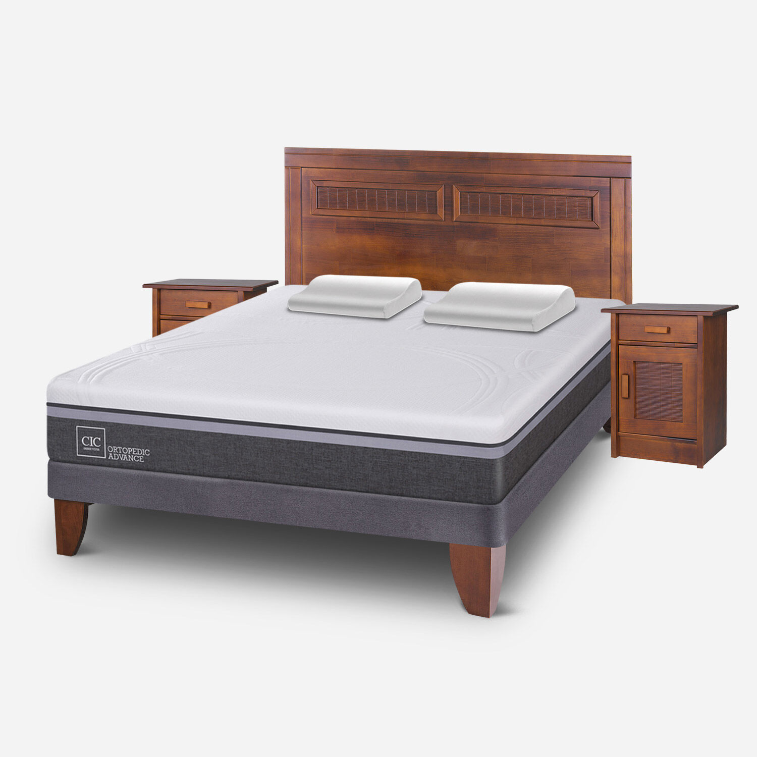 Cama Europea 2 Plazas Ortopedic Advance Base Normal + Set Milán Caramel + Almohadas Viscoelásticas