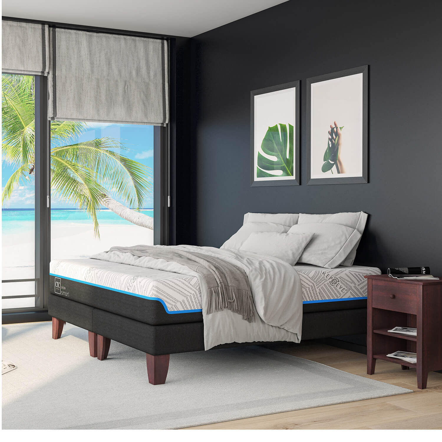 Cama Europea 2 Plazas Infinity Green Base Dividida + Respaldo Ganges