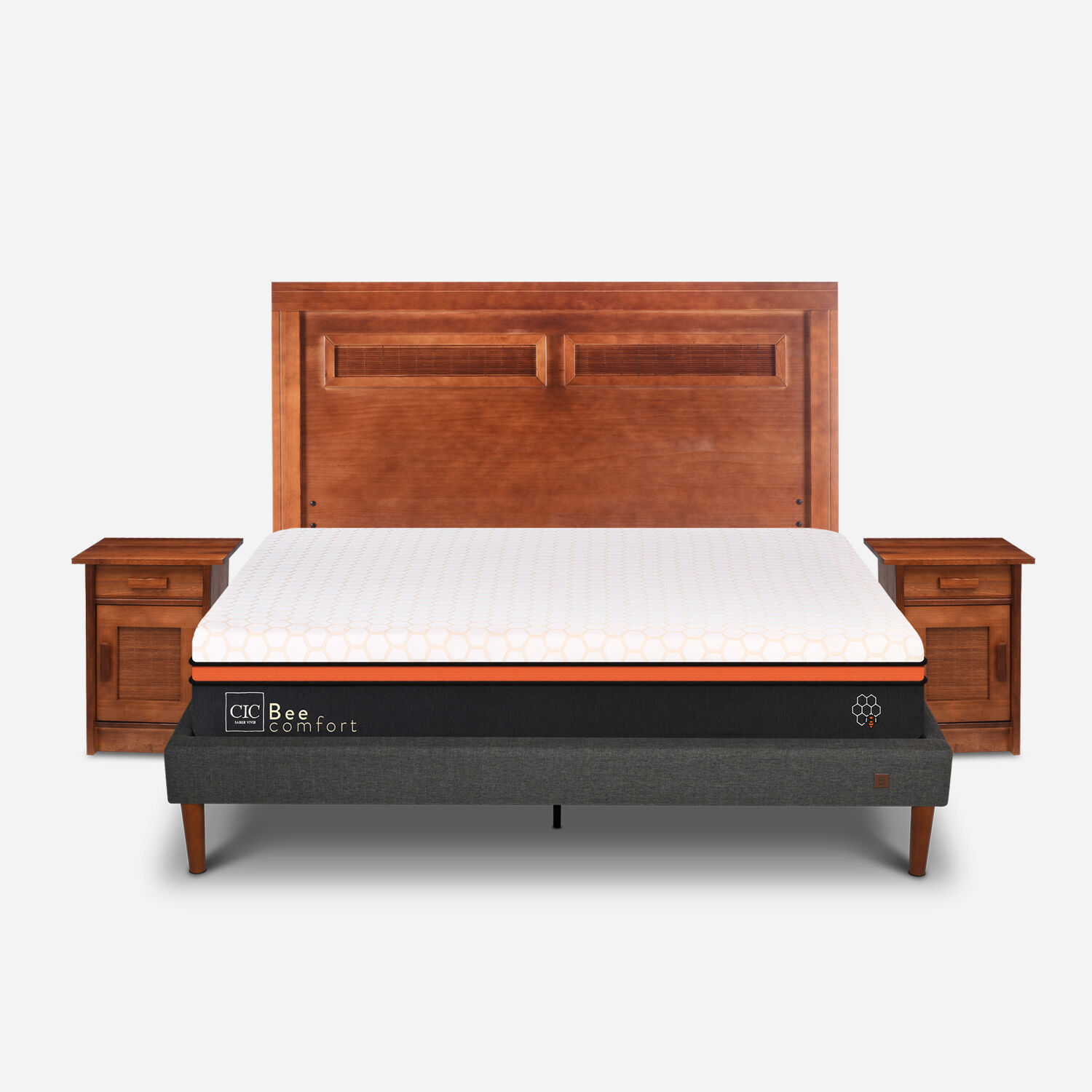 Cama Europea Curve 2 Plazas Bee Comfort + Set Mil&aacute;n Caramel