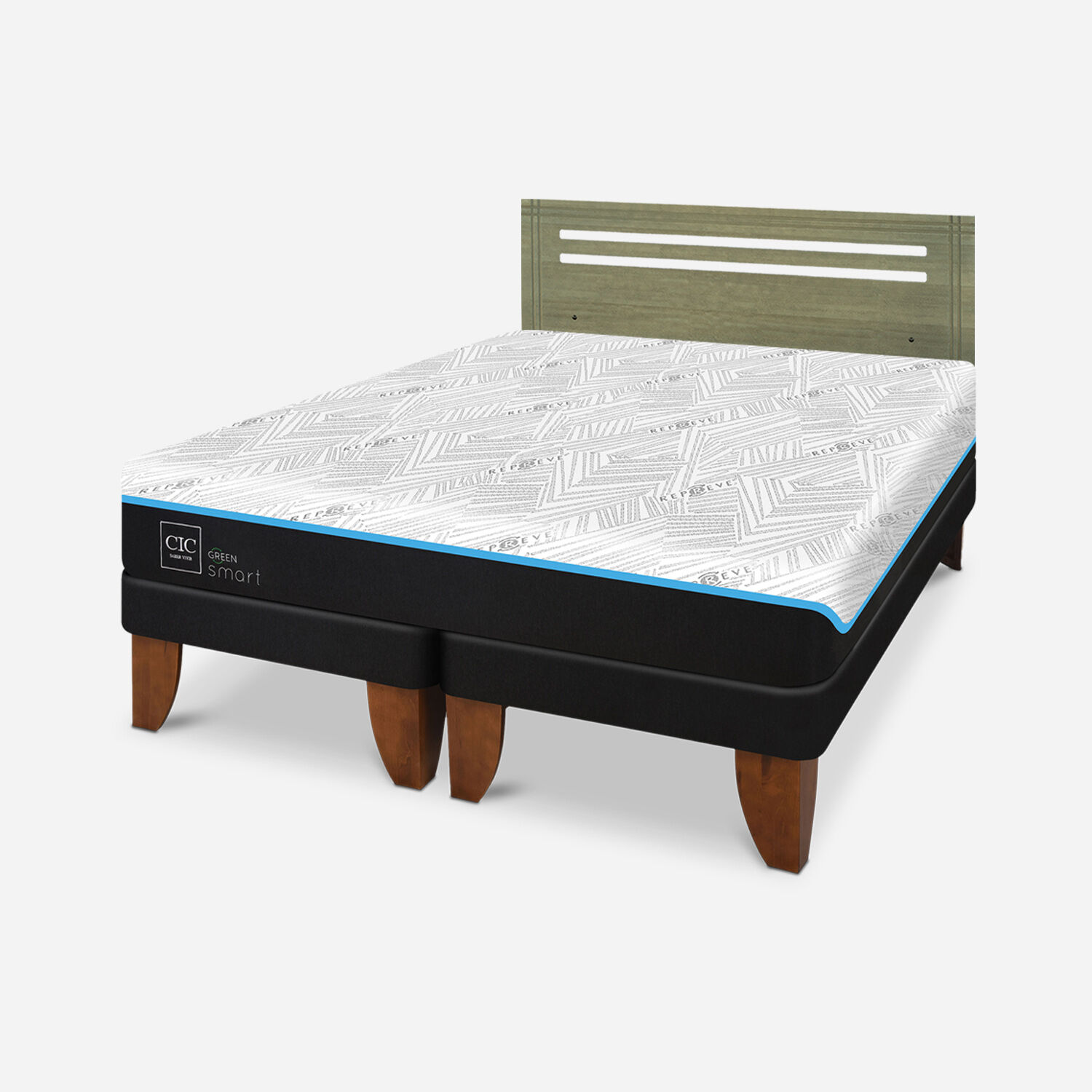 Cama Europea 2 Plazas Green Infinity Base Dividida + Respaldo Múnich Olivo