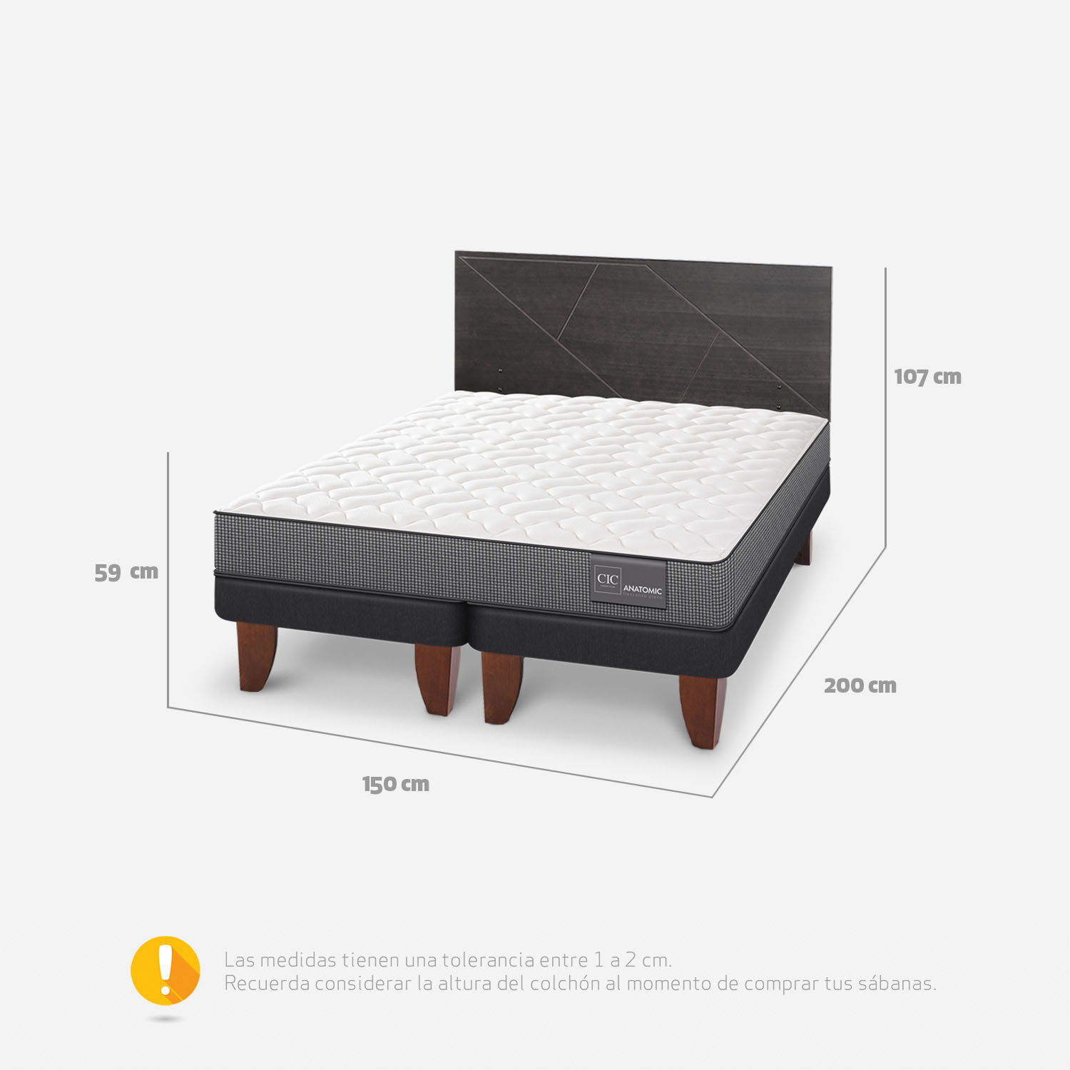 Cama Europea 2 Plazas Anatomic Base Dividida + Respaldo Villarrica Gris
