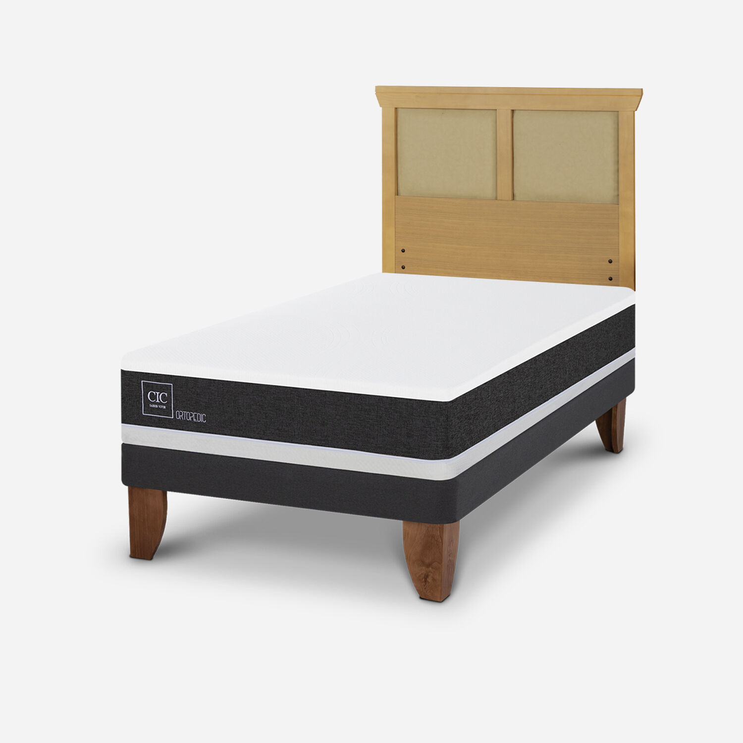 Cama Europea 1,5 Plazas Ortopedic + Respaldo Torino Mostaza