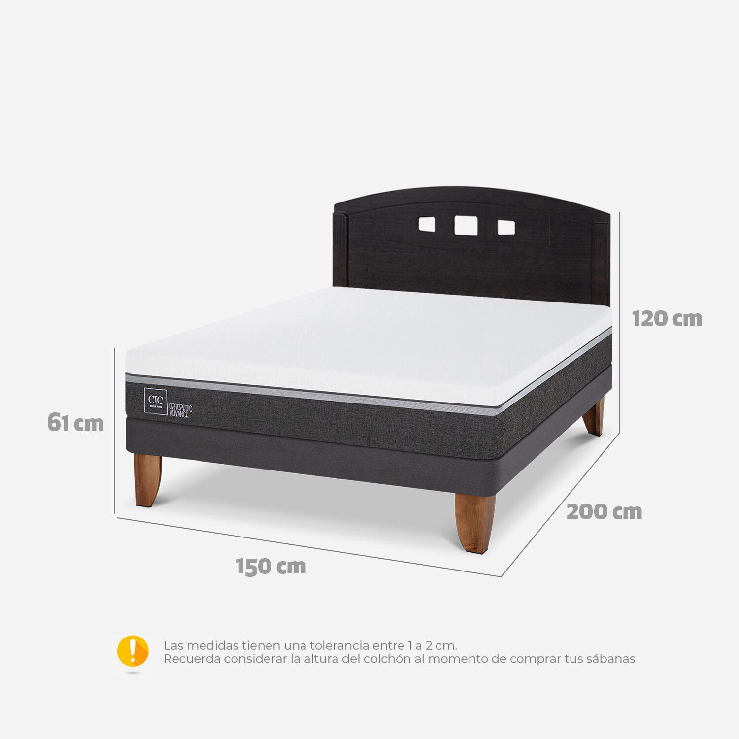 Cama Europea 2 Plazas Ortopedic Advance Base Normal + Respaldo Gales Negro