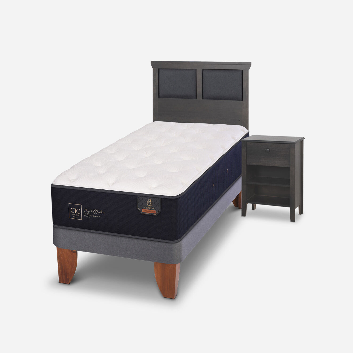 Cama Europea 1,5 Plazas Premium + Set Torino Gris