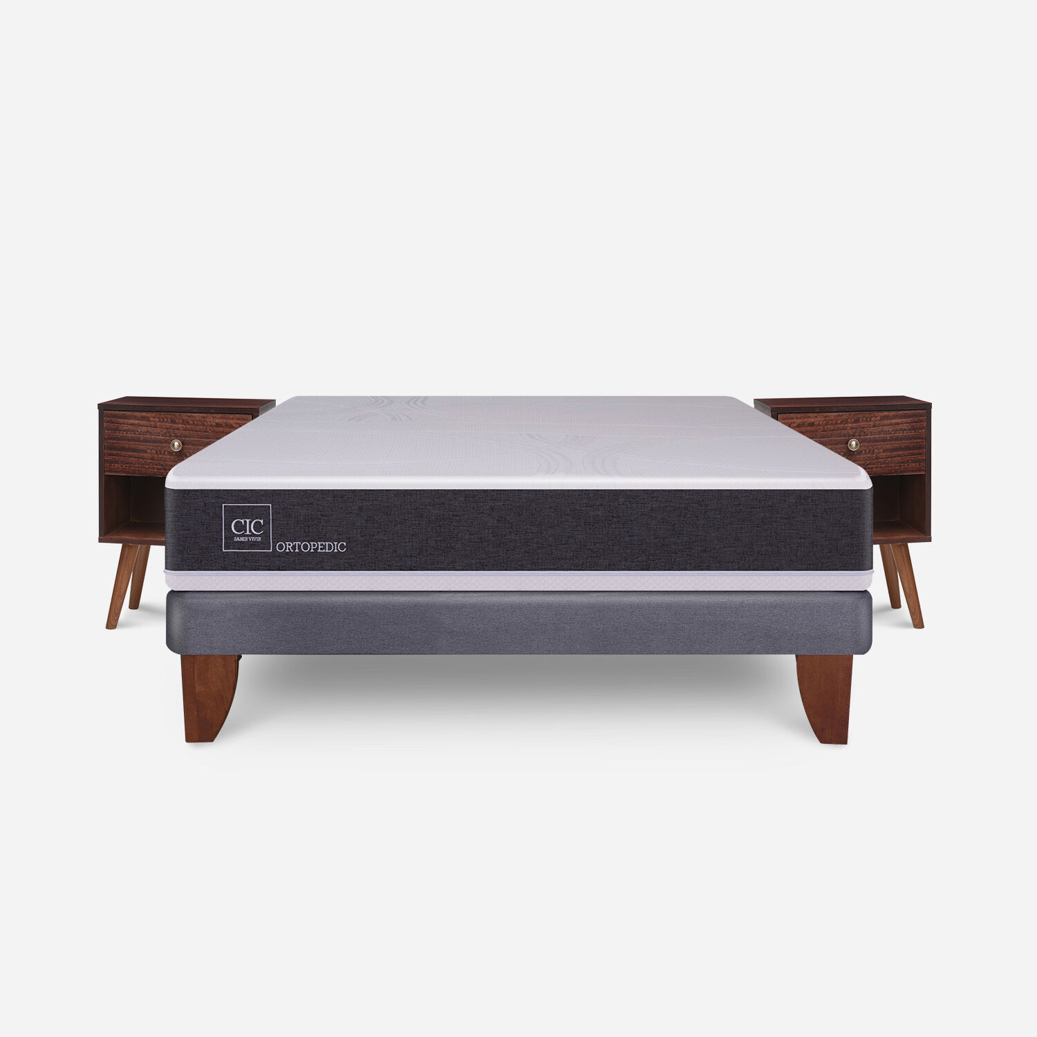 Cama Europea 2 Plazas Base Normal Ortopedic + Veladores Múnich
