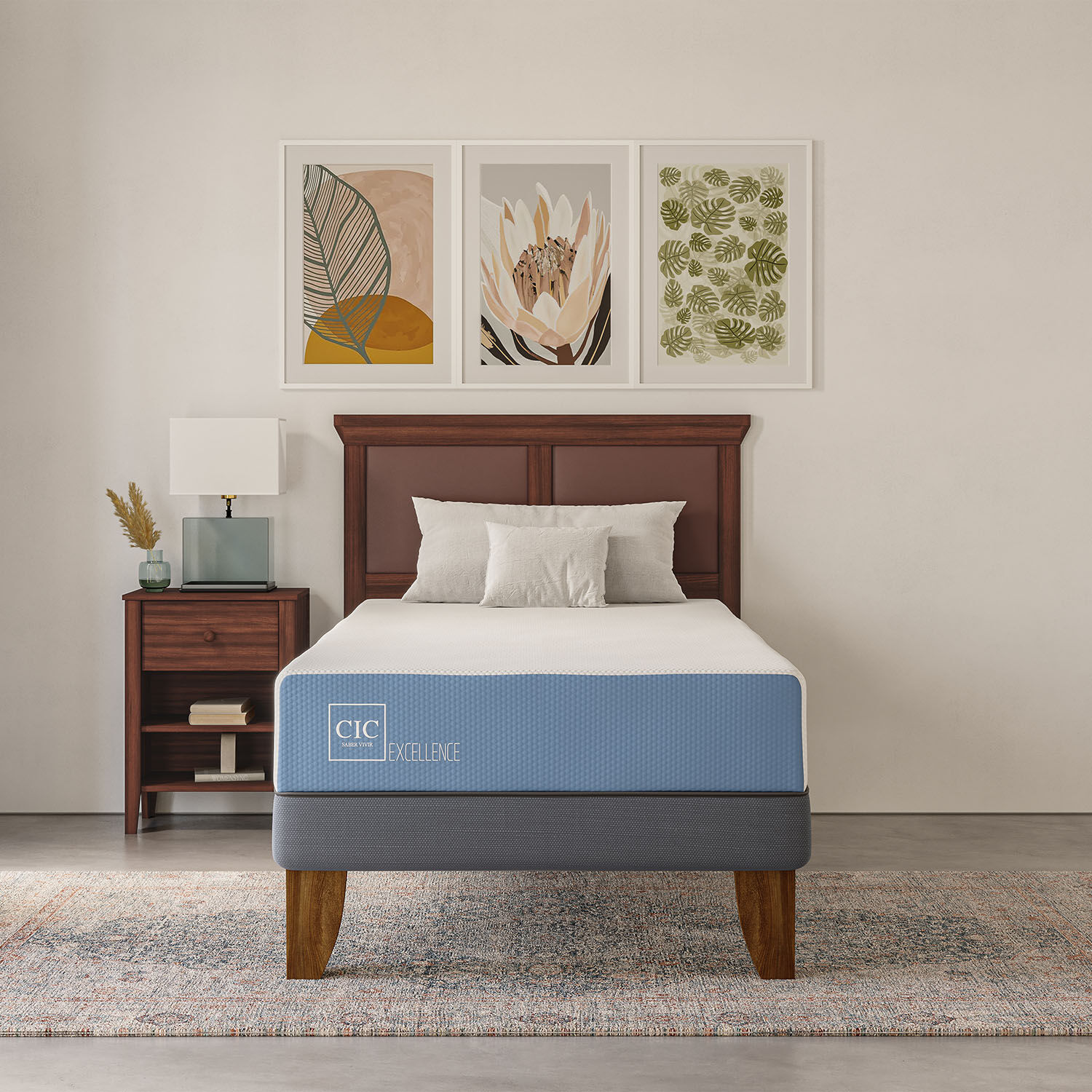 Cama Europea 1 Plaza Excellence + Respaldo Gales Gris