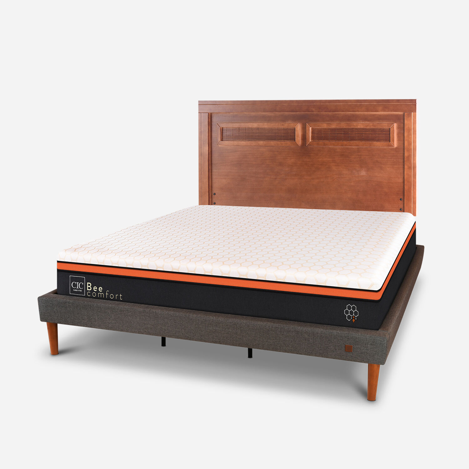 Cama Europea Curve King Bee Comfort + Respaldo Mil&aacute;n Caramel