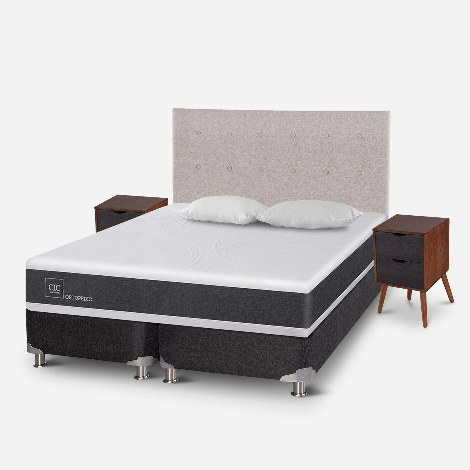 Box Spring 2 Plazas Ortopedic Base Dividida 5 Zonas + Almohadas + Set Tigris
