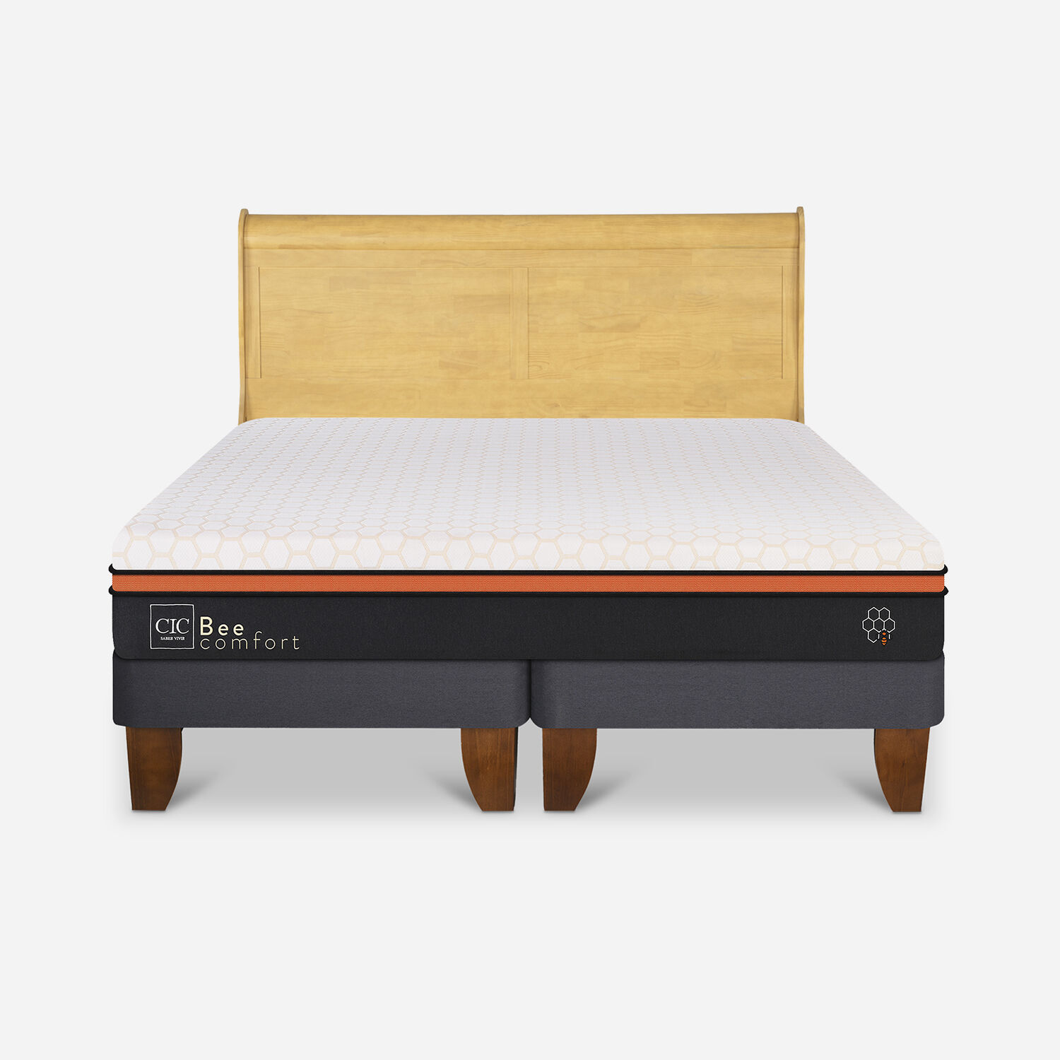 Cama Europea King Bee Comfort + Respaldo Mir&oacute; Mostaza